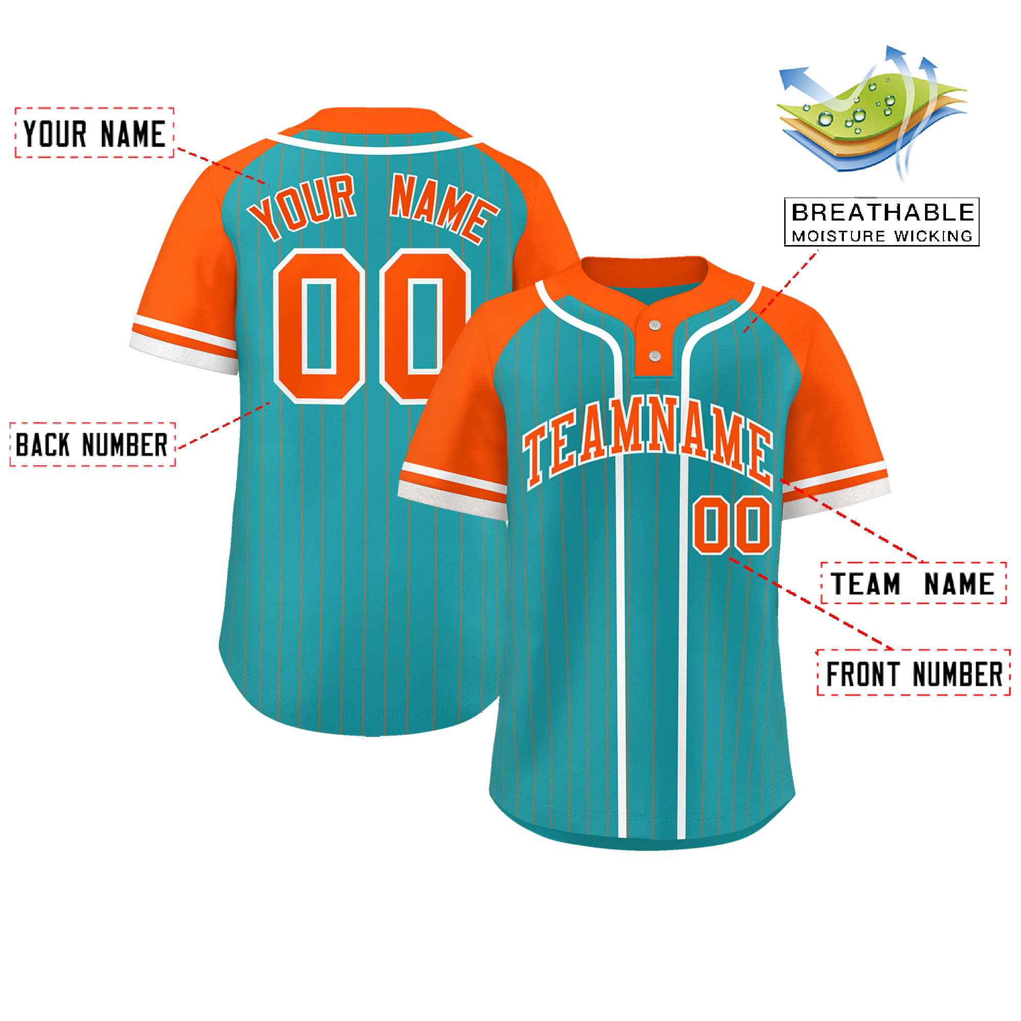 Custom Aqua Orange-White Stripe Fashion Raglan Sleeves Authentic Two-Button Softball Jersey