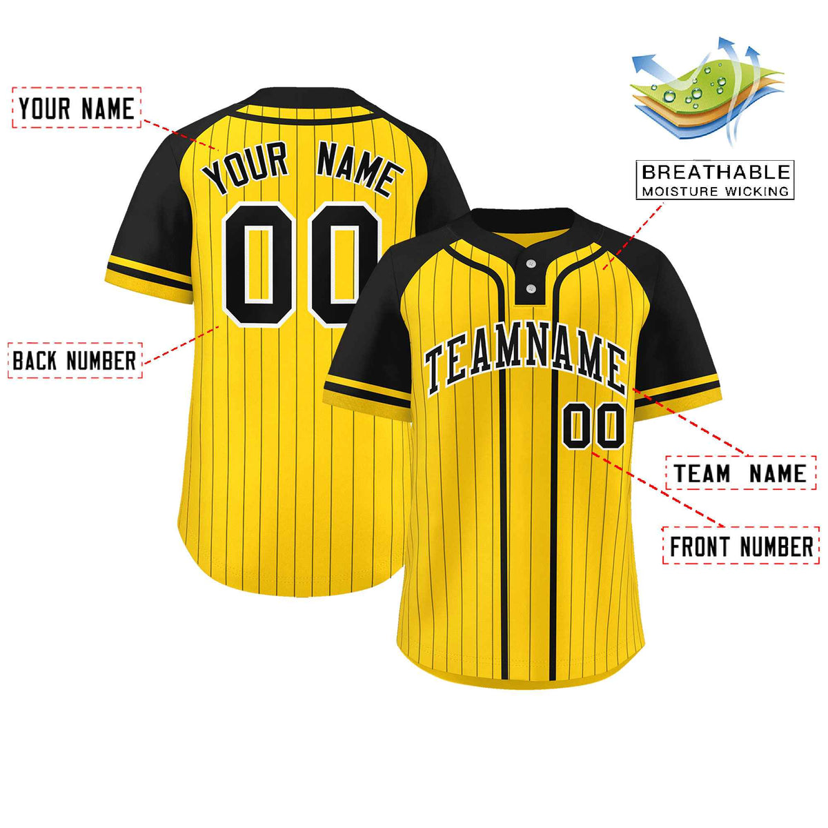 Custom Gold Black Stripe Fashion Raglan Sleeves Authentic Two-Button Softball Jersey