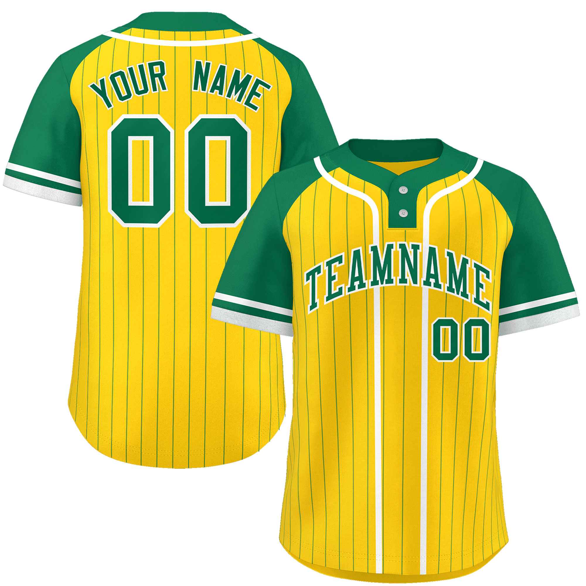Custom Gold Kelly Green-White Stripe Fashion Raglan Sleeves Authentic Two-Button Softball Jersey