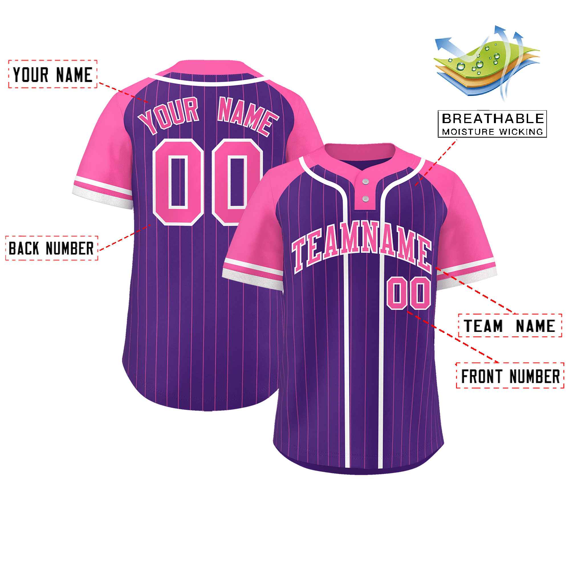 Custom Purple Pink-White Stripe Fashion Raglan Sleeves Authentic Two-Button Softball Jersey