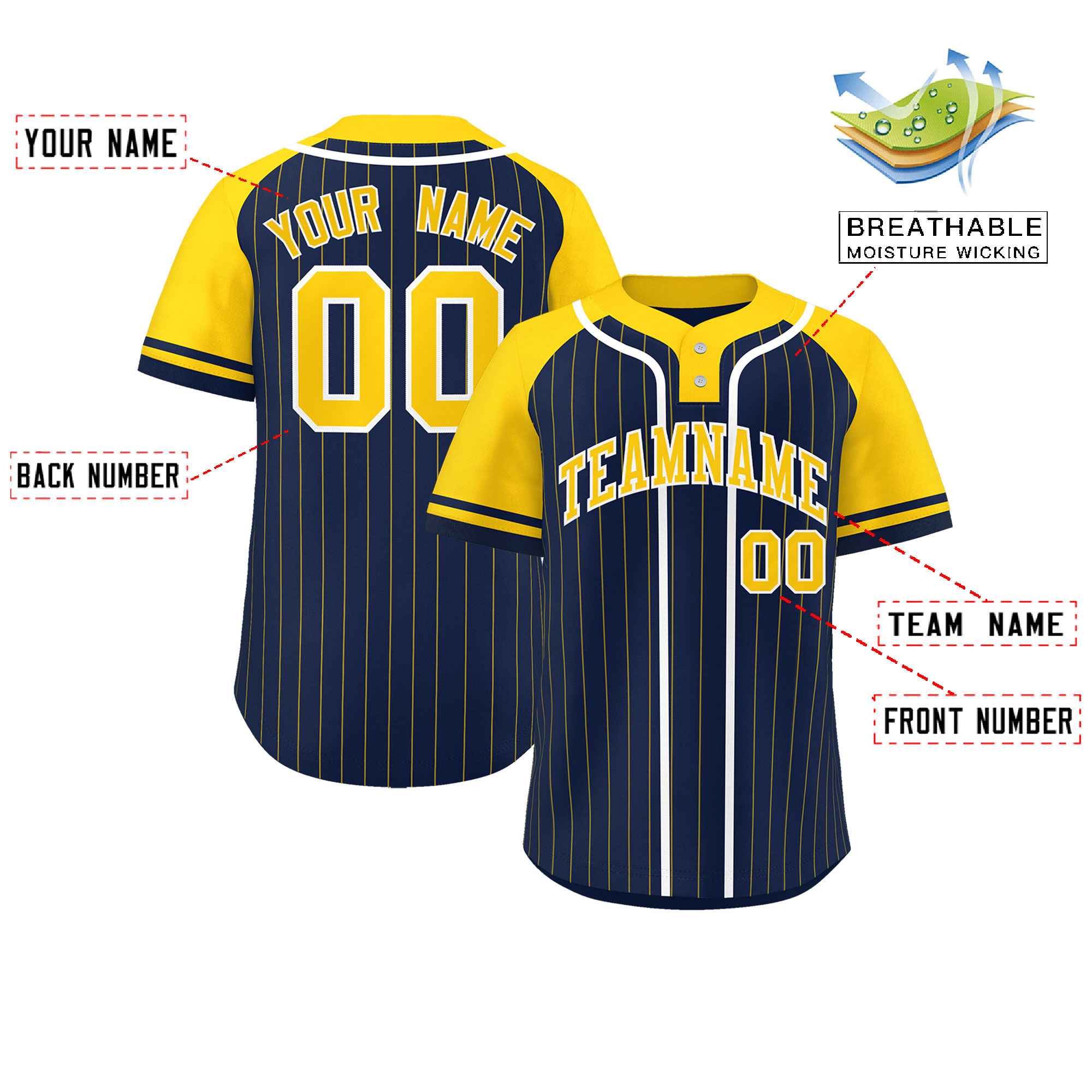 Custom Navy Gold-White Stripe Fashion Raglan Sleeves Authentic Two-Button Softball Jersey