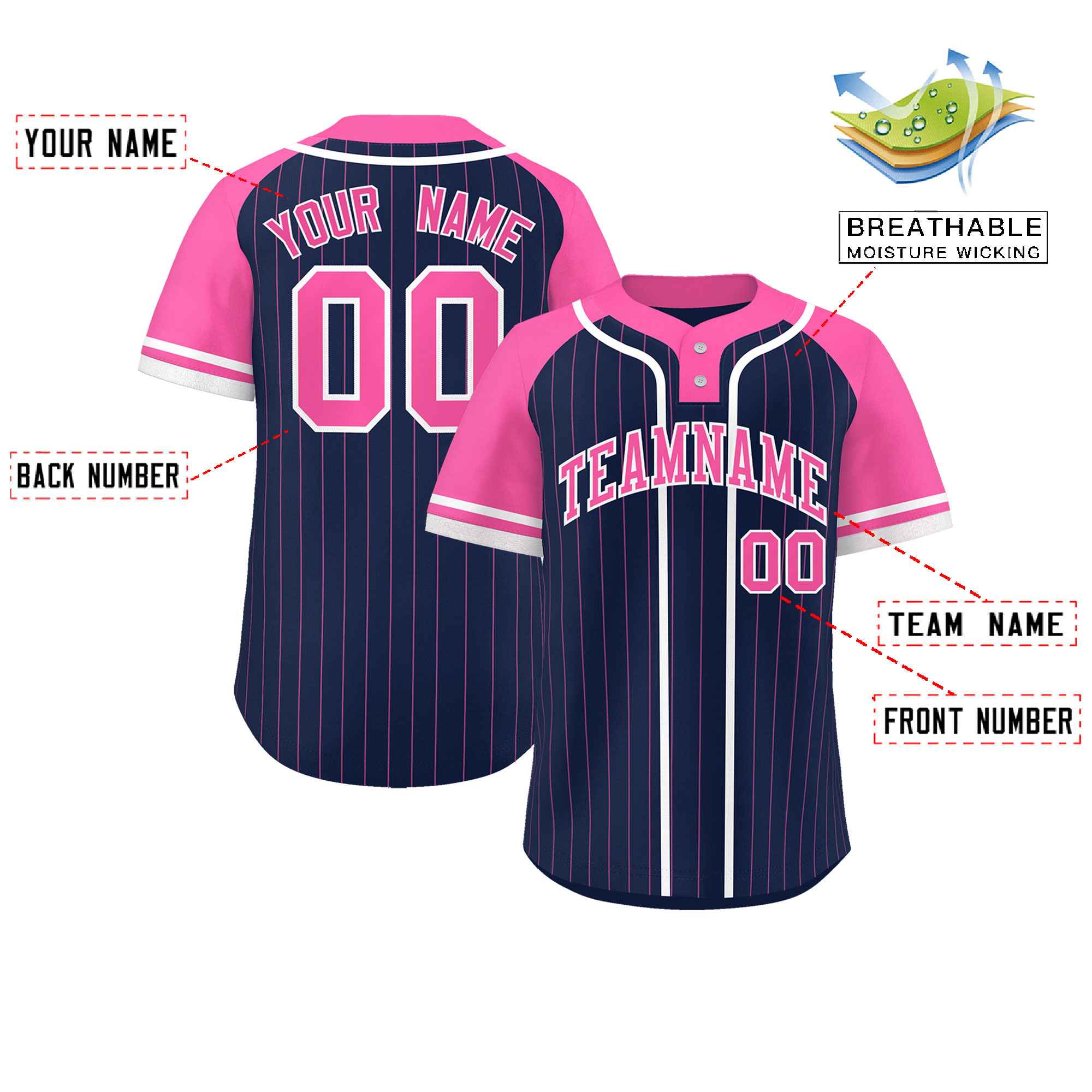 Custom Navy Pink-White Stripe Fashion Raglan Sleeves Authentic Two-Button Softball Jersey