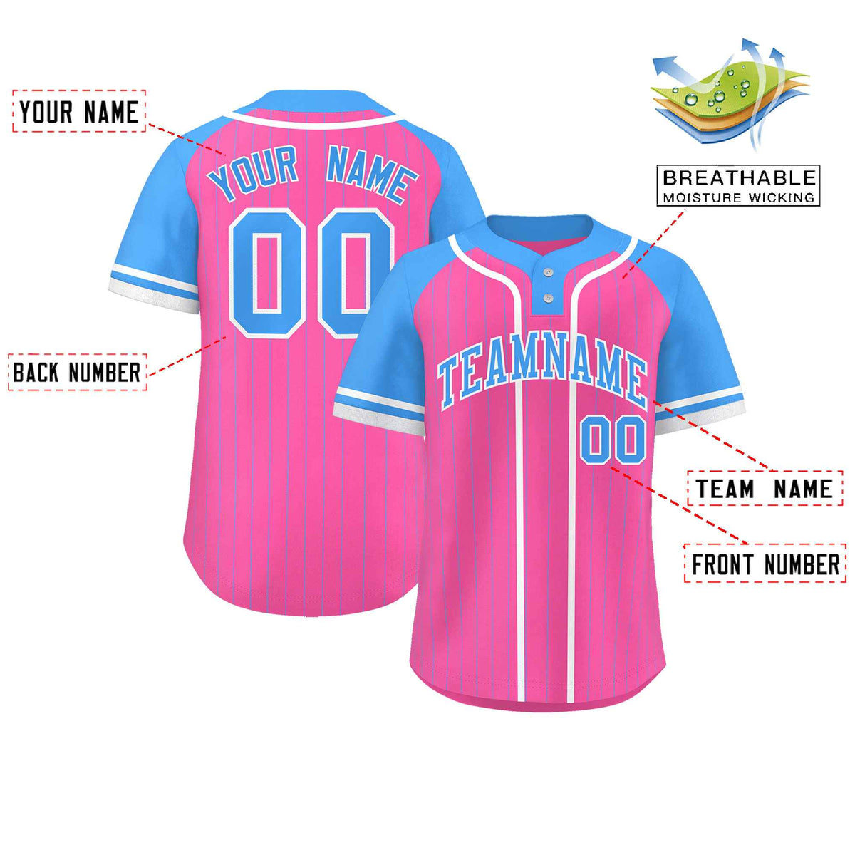 Custom Pink Powder Blue-White Stripe Fashion Raglan Sleeves Authentic Two-Button Softball Jersey