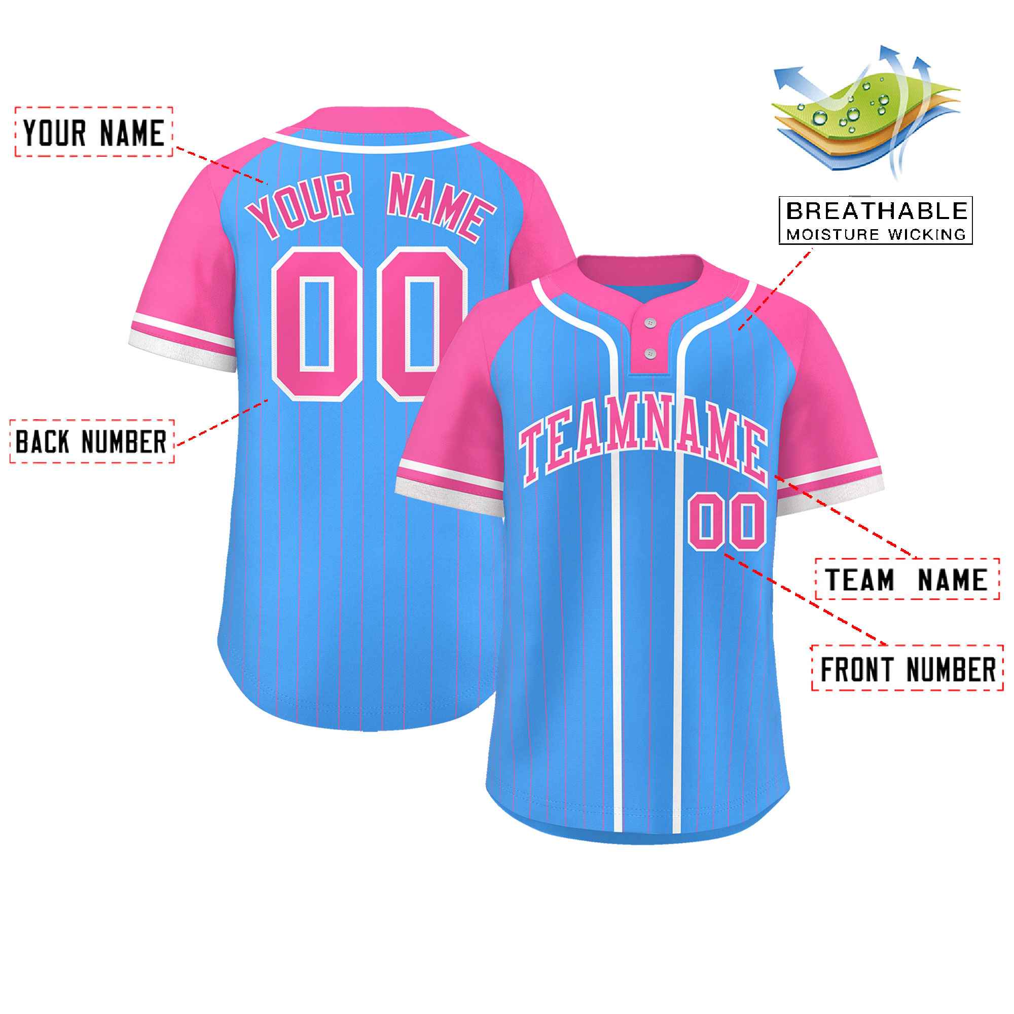 Custom Powder Blue Pink-White Stripe Fashion Raglan Sleeves Authentic Two-Button Softball Jersey