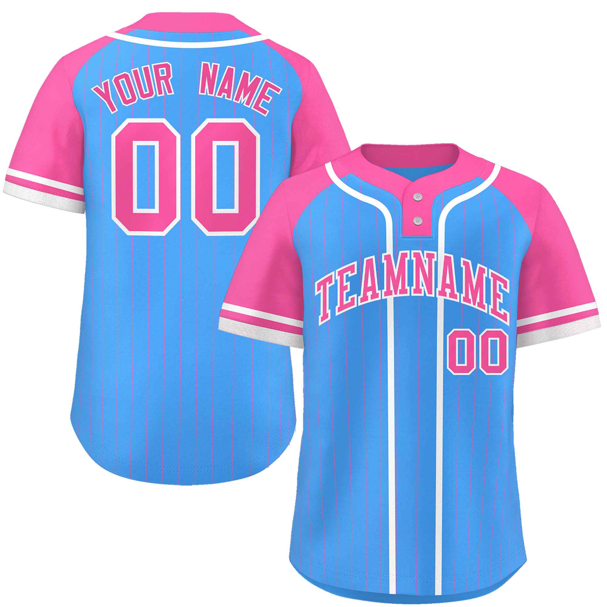 Custom Powder Blue Pink-White Stripe Fashion Raglan Sleeves Authentic Two-Button Softball Jersey