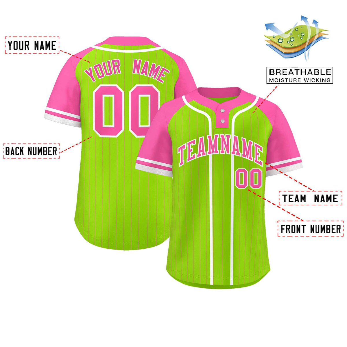 Custom Neon Green Pink-White Stripe Fashion Raglan Sleeves Authentic Two-Button Softball Jersey
