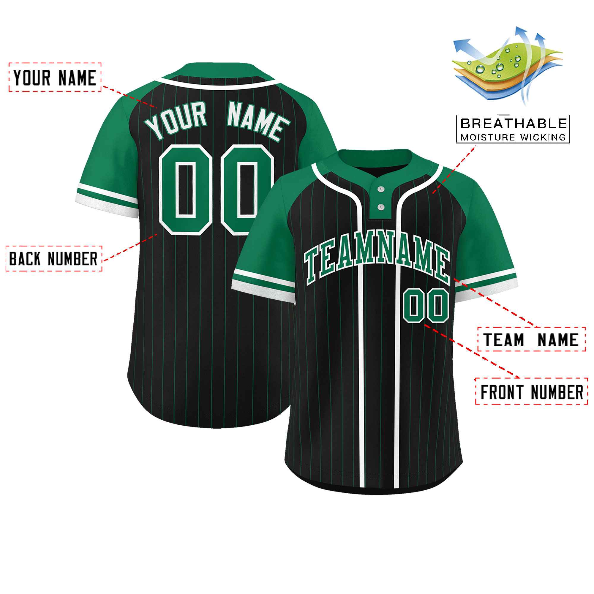 Custom Black Kelly Green-White Stripe Fashion Raglan Sleeves Authentic Two-Button Softball Jersey