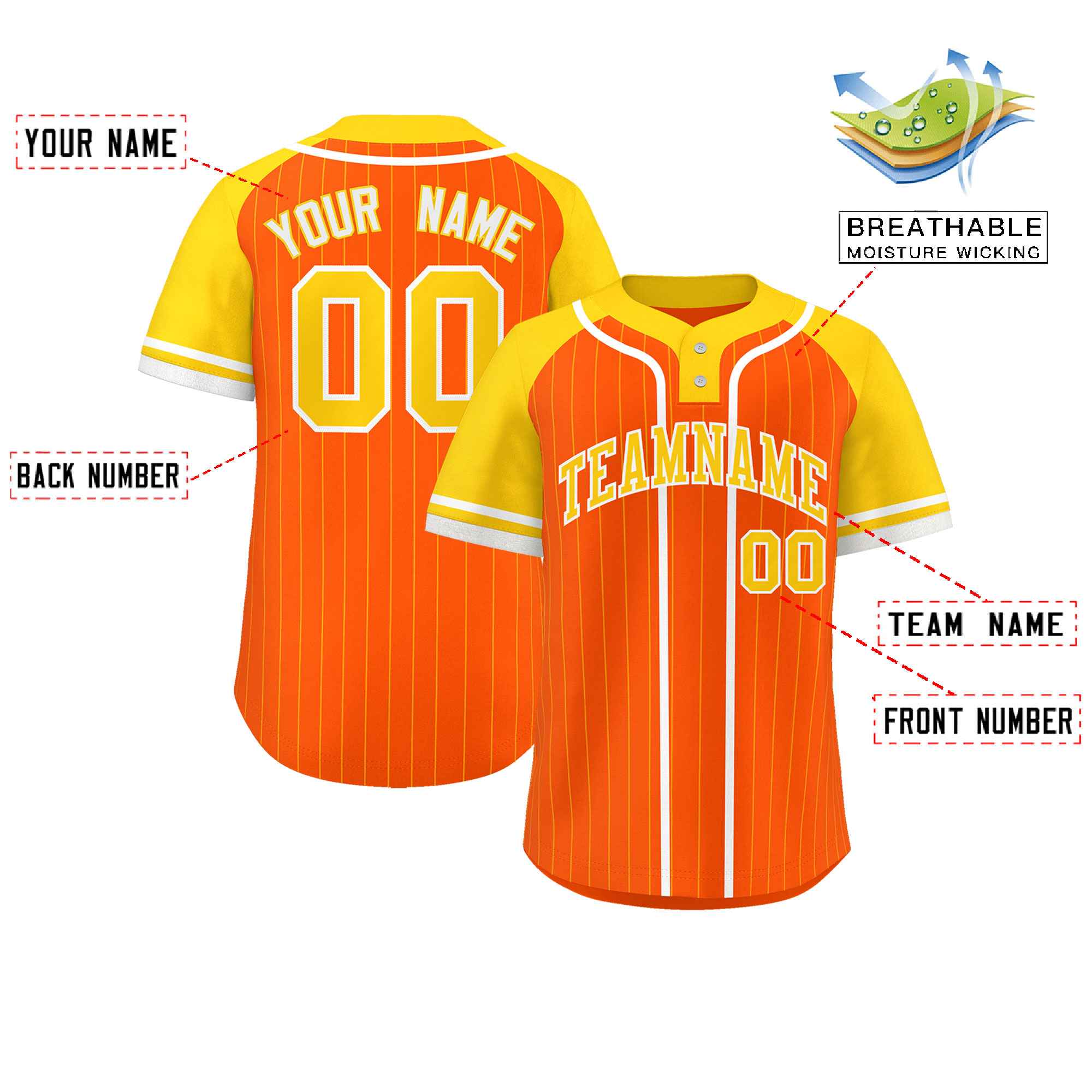 Custom Orange Gold-White Stripe Fashion Raglan Sleeves Authentic Two-Button Softball Jersey