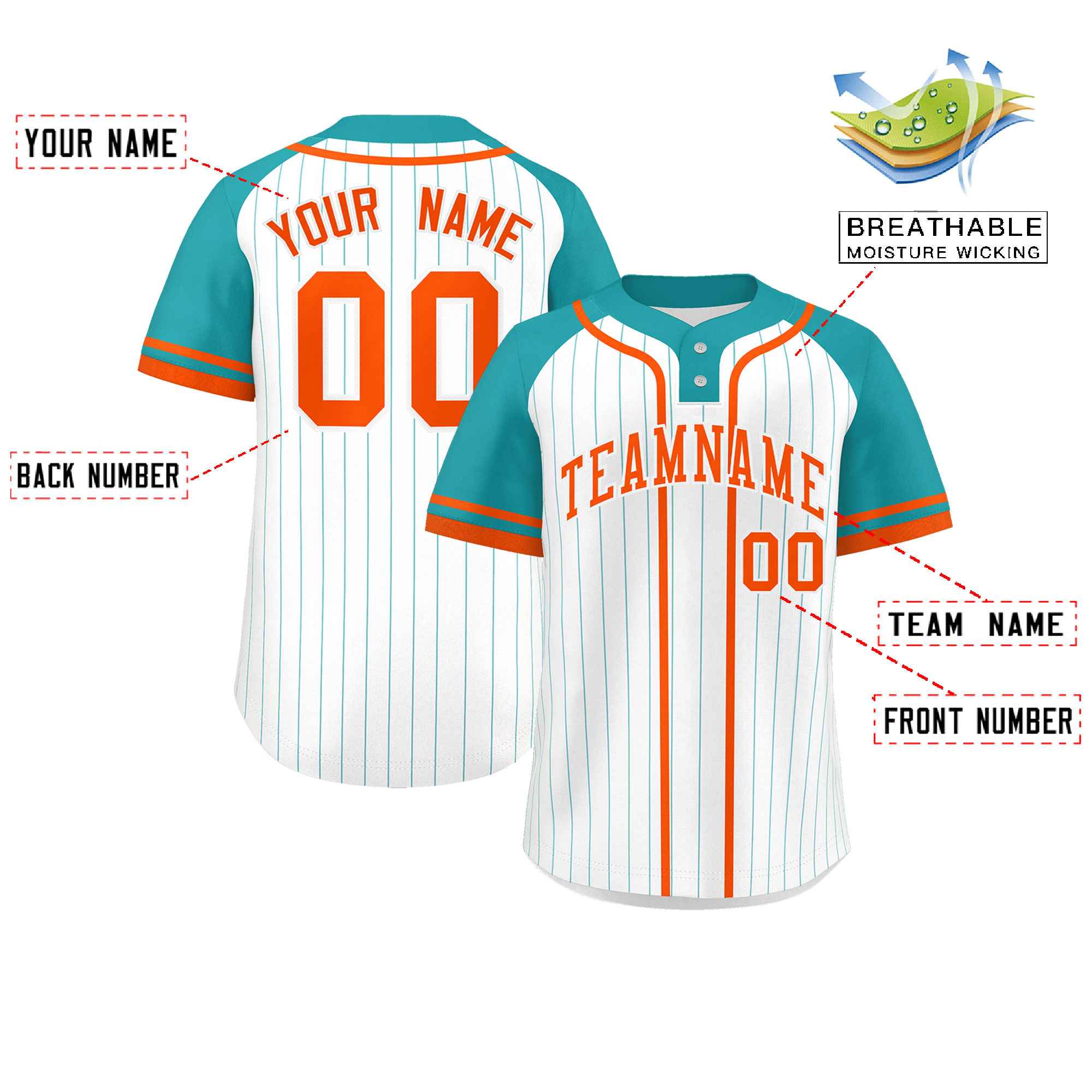 Custom White Aqua-Orange Stripe Fashion Raglan Sleeves Authentic Two-Button Softball Jersey