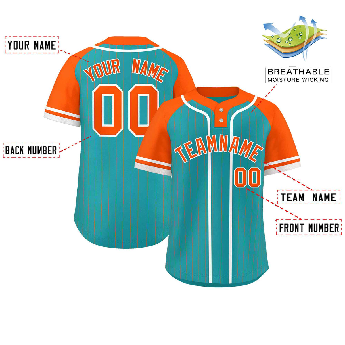 Custom Aqua Orange-White Stripe Fashion Raglan Sleeves Authentic Two-Button Softball Jersey