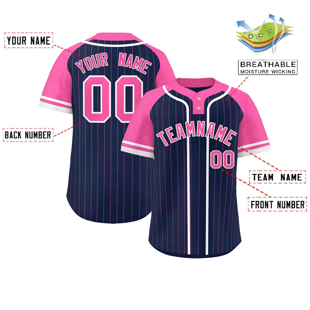 Custom Navy Pink-White Stripe Fashion Raglan Sleeves Authentic Two-Button Softball Jersey
