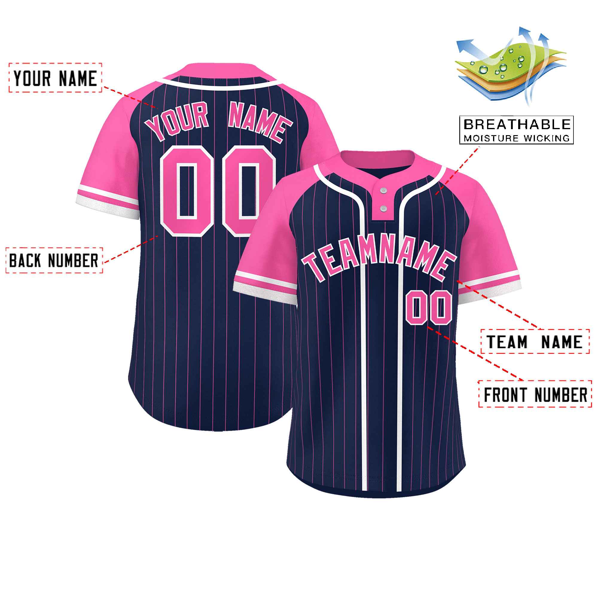 Custom Navy Pink-White Stripe Fashion Raglan Sleeves Authentic Two-Button Softball Jersey