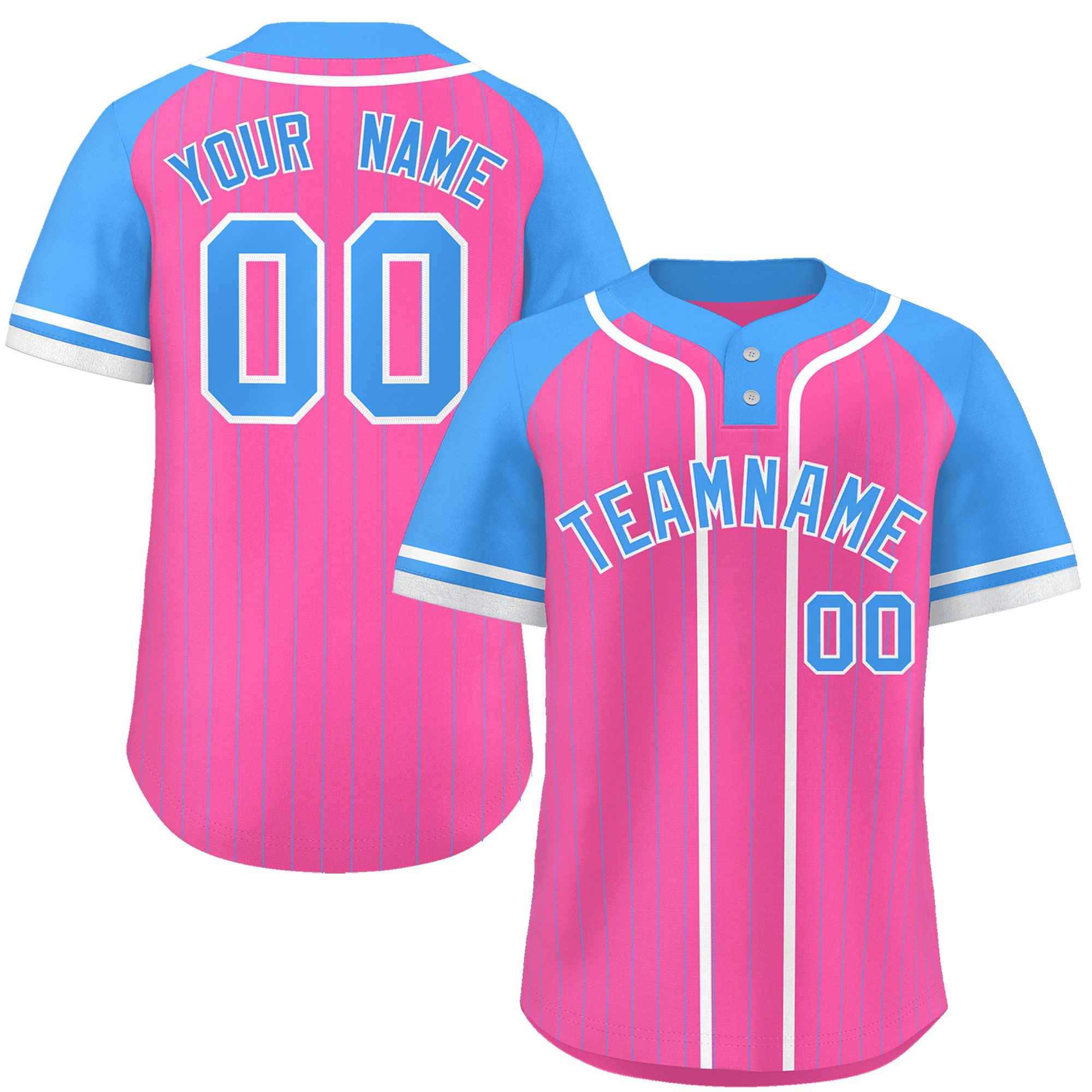 Custom Pink Powder Blue-White Stripe Fashion Raglan Sleeves Authentic Two-Button Softball Jersey