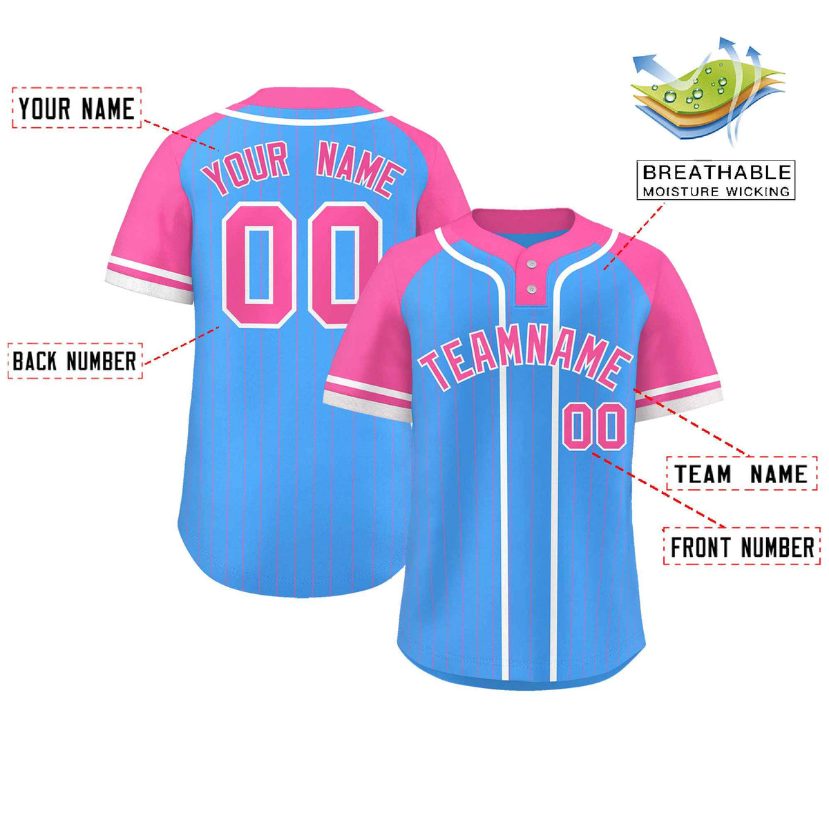 Custom Powder Blue Pink-White Stripe Fashion Raglan Sleeves Authentic Two-Button Softball Jersey