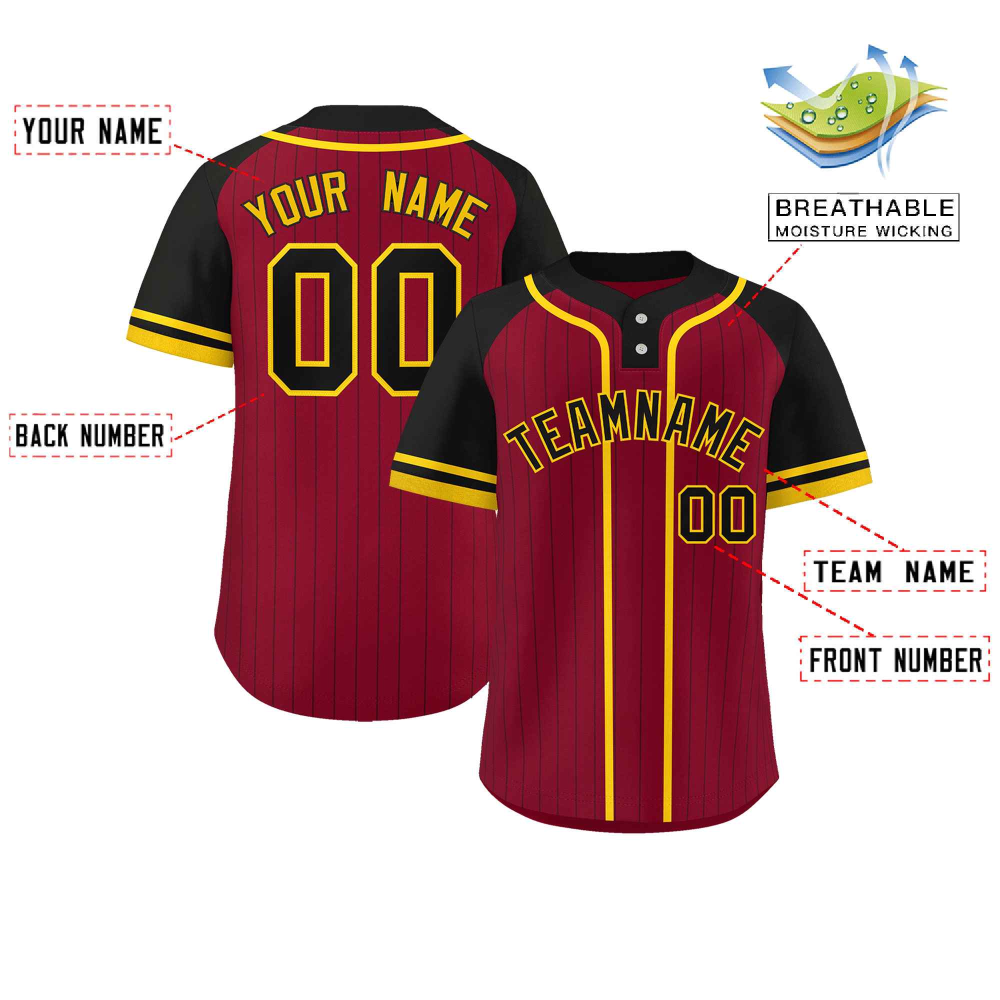 Custom Crimson Black-Gold Stripe Fashion Raglan Sleeves Authentic Two-Button Softball Jersey