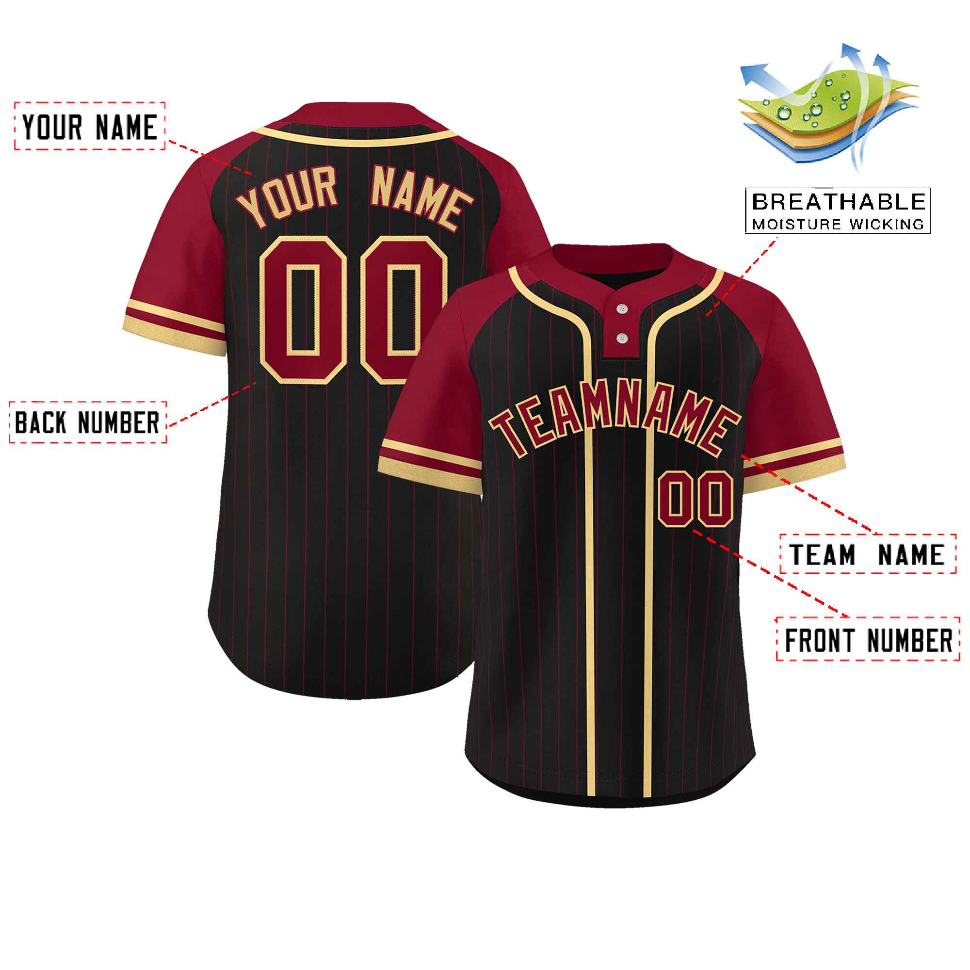 Custom Black Crimson-Khaki Stripe Fashion Raglan Sleeves Authentic Two-Button Softball Jersey