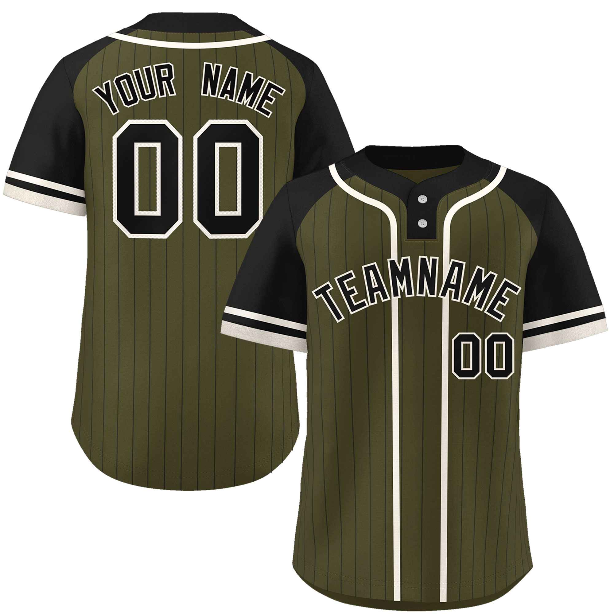 Custom Olive Black-Cream Stripe Fashion Raglan Sleeves Authentic Two-Button Softball Jersey