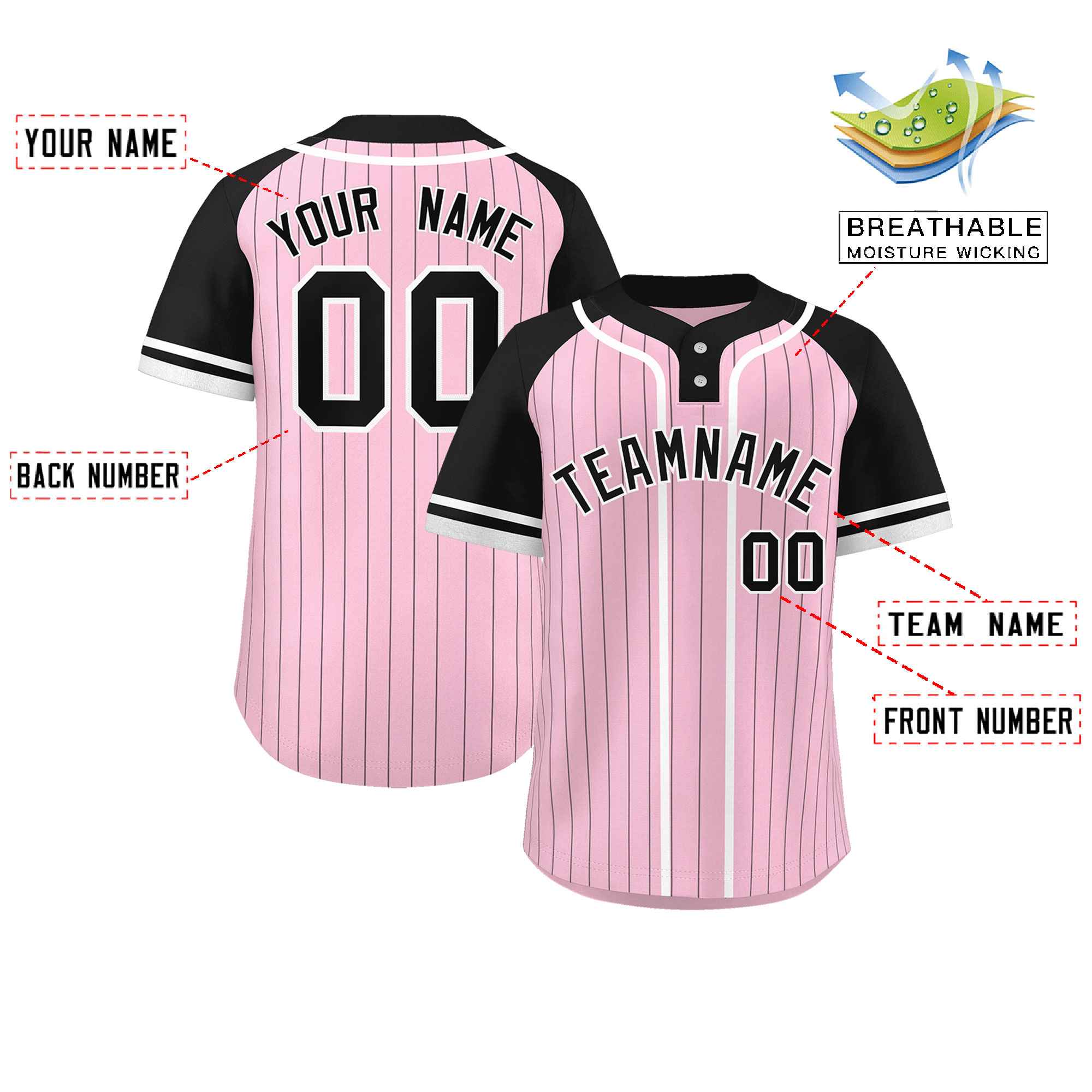 Custom Light Pink Black-White Stripe Fashion Raglan Sleeves Authentic Two-Button Softball Jersey