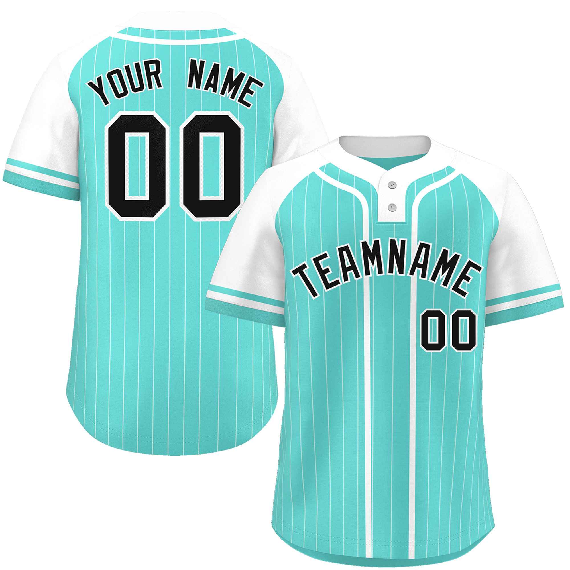 Custom Aqua White Stripe Fashion Raglan Sleeves Authentic Two-Button Softball Jersey
