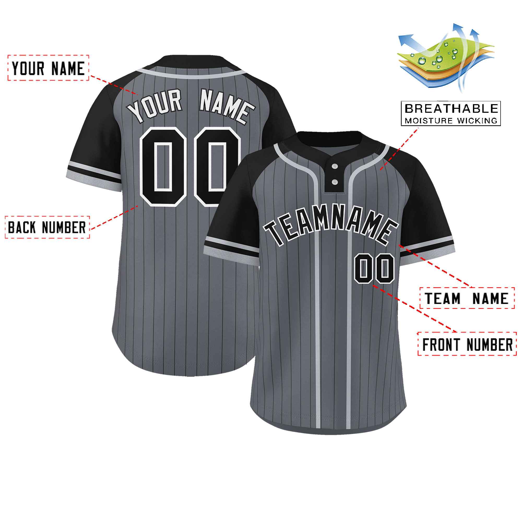 Custom Dark Gray Black-Gray Stripe Fashion Raglan Sleeves Authentic Two-Button Softball Jersey