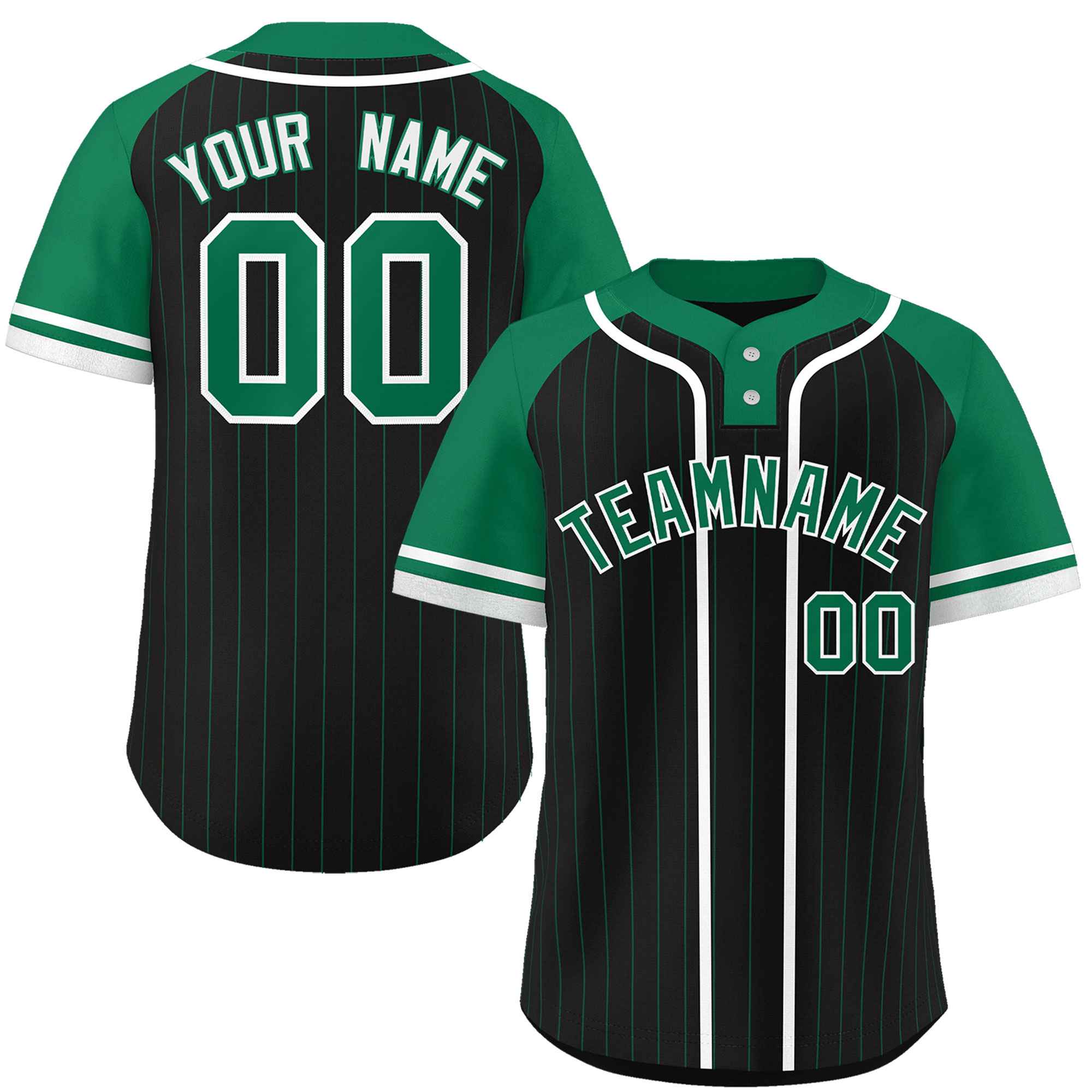 Custom Black Kelly Green-White Stripe Fashion Raglan Sleeves Authentic Two-Button Softball Jersey