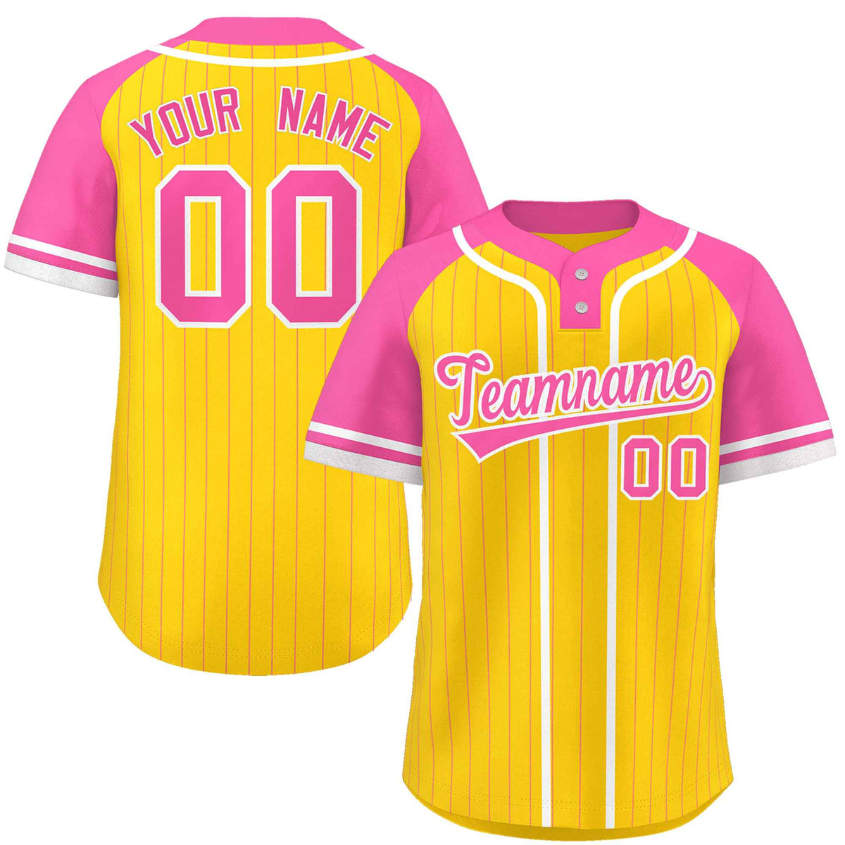 Custom Gold Pink-White Stripe Fashion Raglan Sleeves Authentic Two-Button Softball Jersey