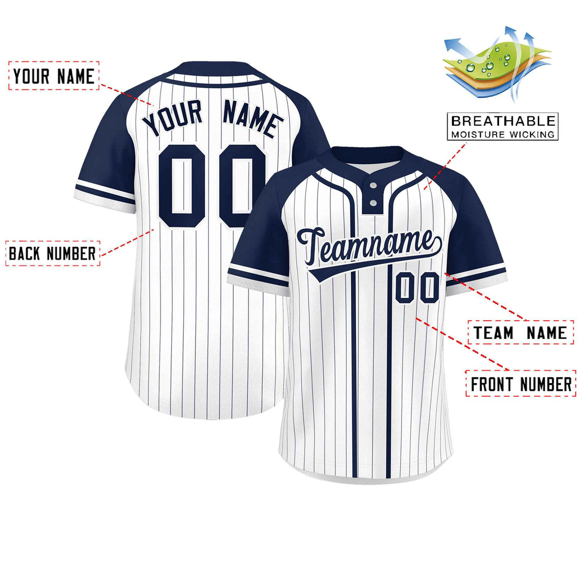 Custom White Navy Stripe Fashion Raglan Sleeves Authentic Two-Button Softball Jersey