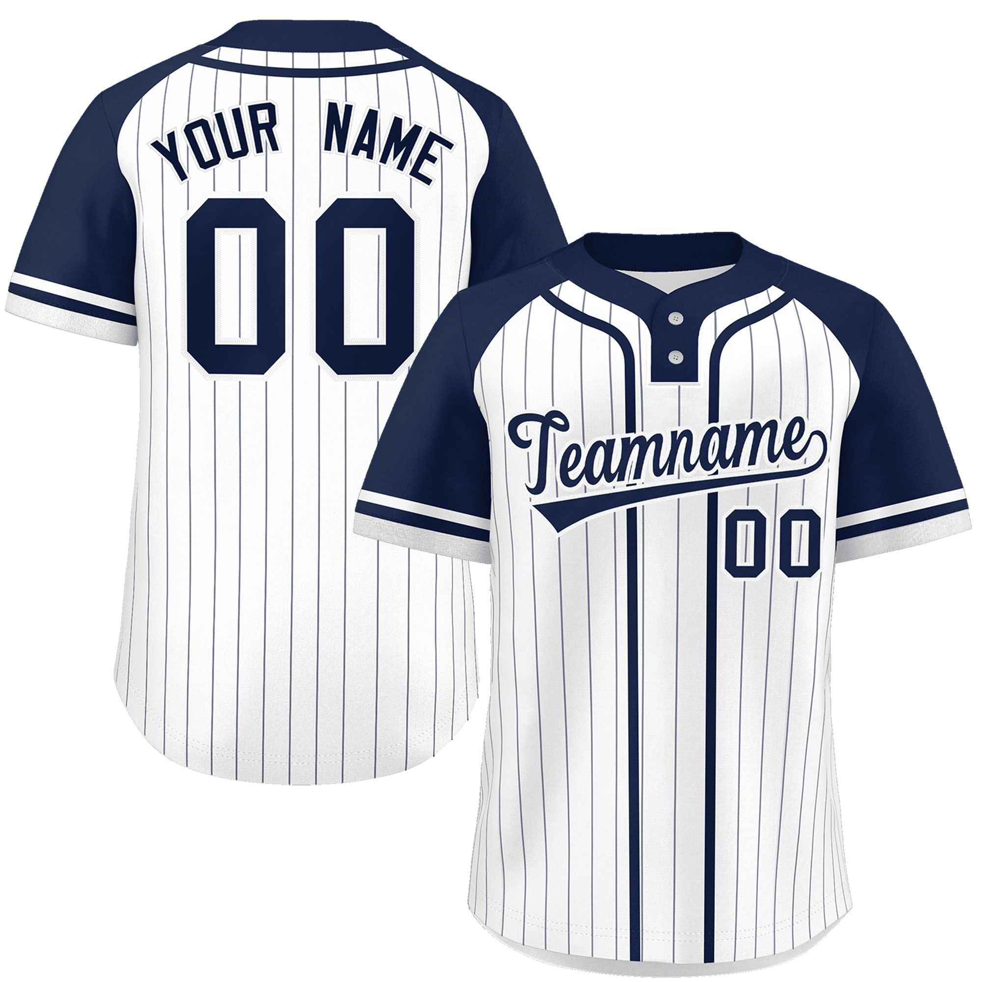 Custom White Navy Stripe Fashion Raglan Sleeves Authentic Two-Button Softball Jersey