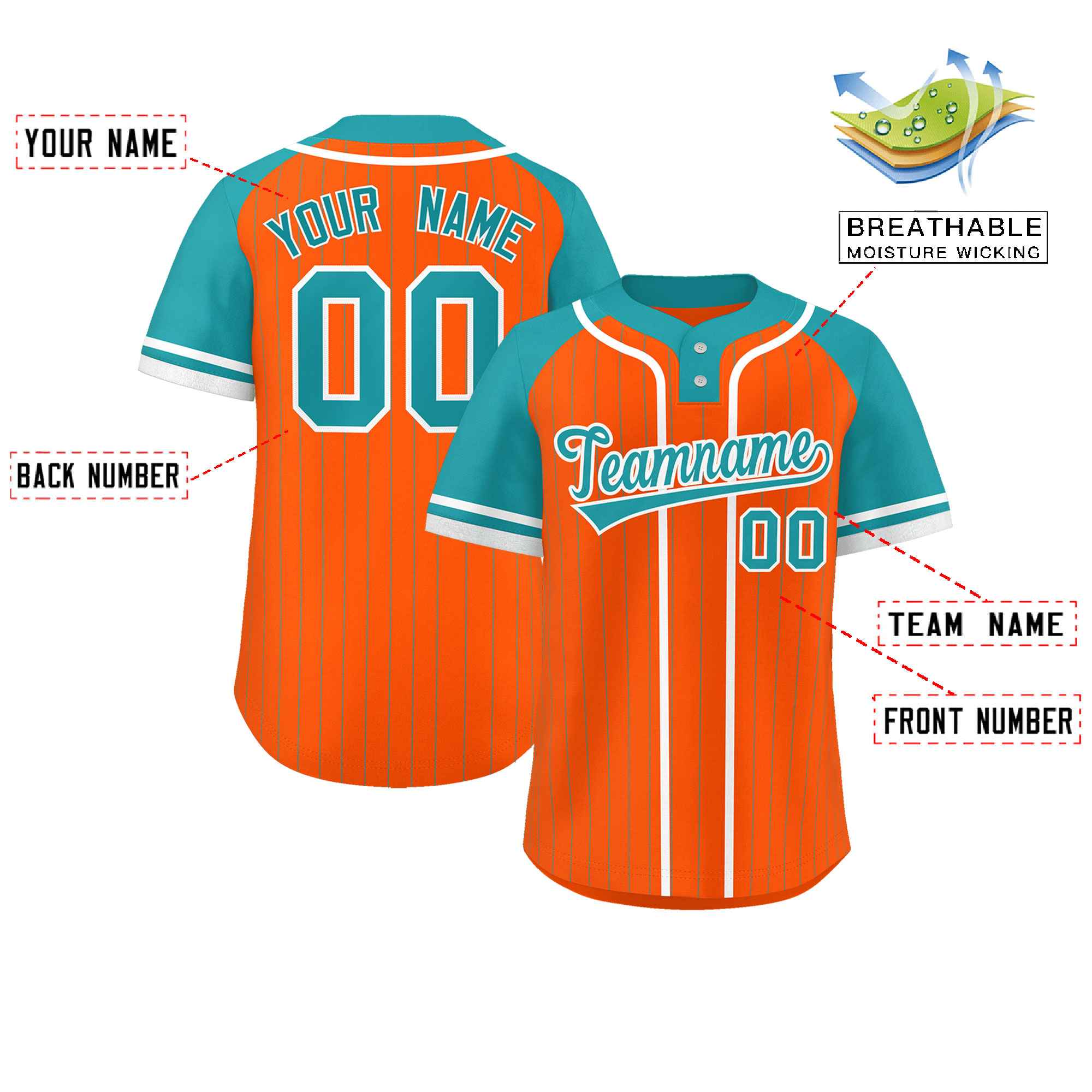 Custom Orange Aqua-White Stripe Fashion Raglan Sleeves Authentic Two-Button Softball Jersey