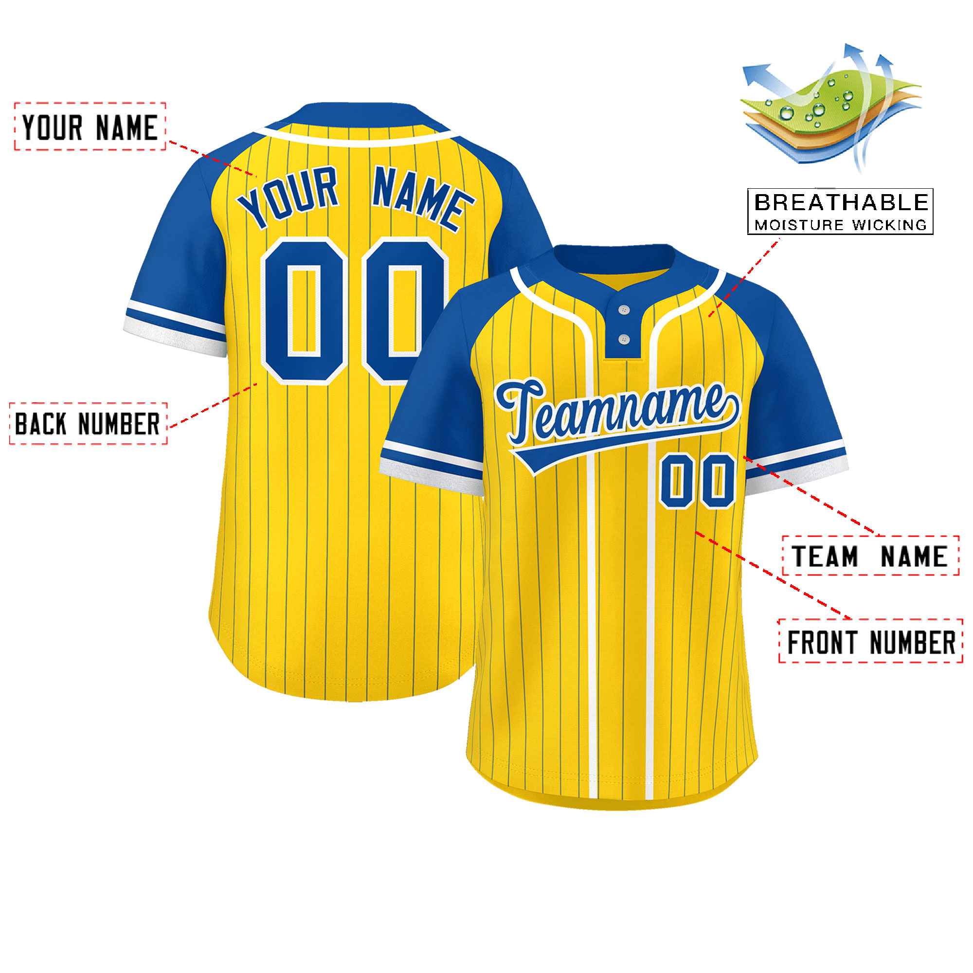 Custom Gold Royal-White Stripe Fashion Raglan Sleeves Authentic Two-Button Softball Jersey
