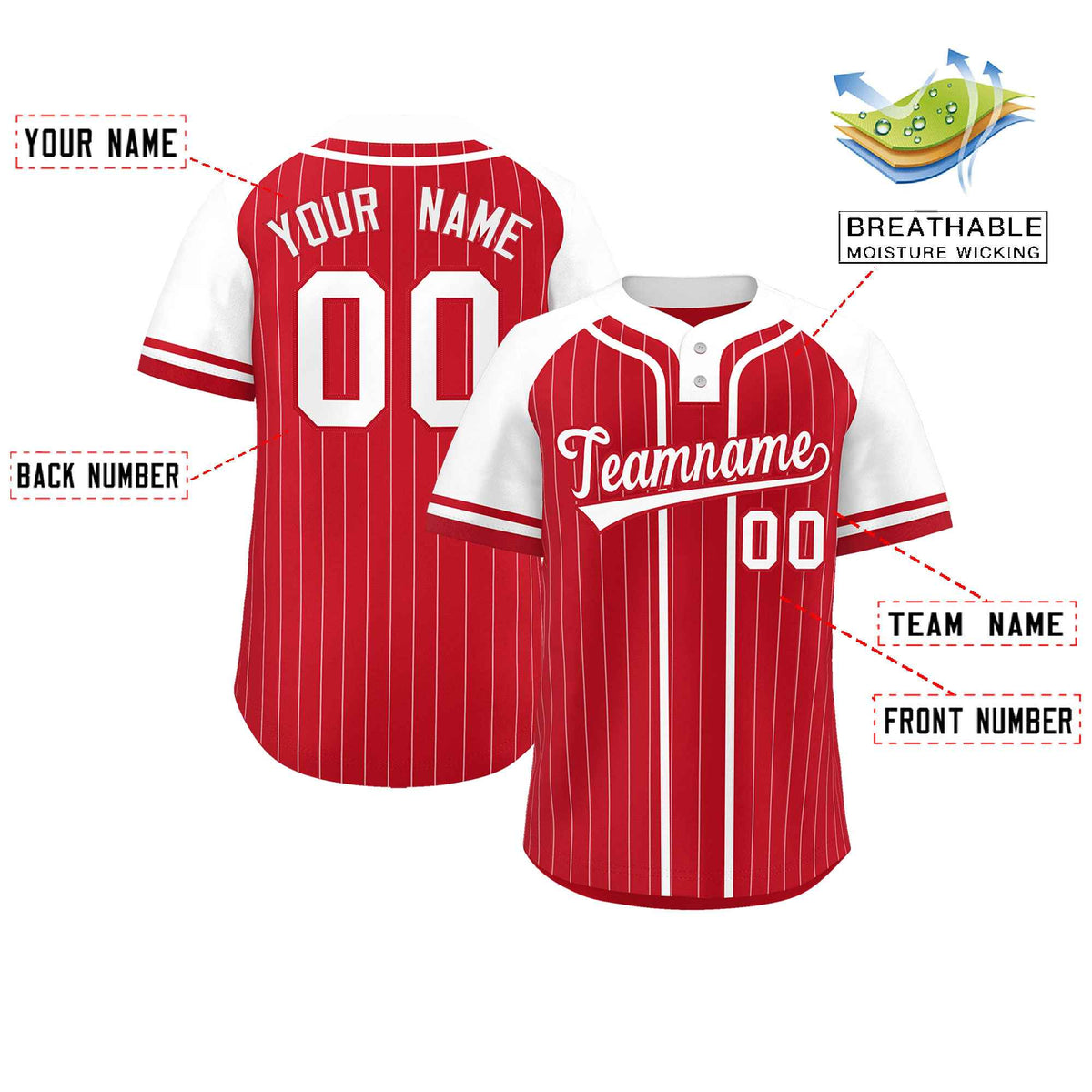 Custom Red White Stripe Fashion Raglan Sleeves Authentic Two-Button Softball Jersey