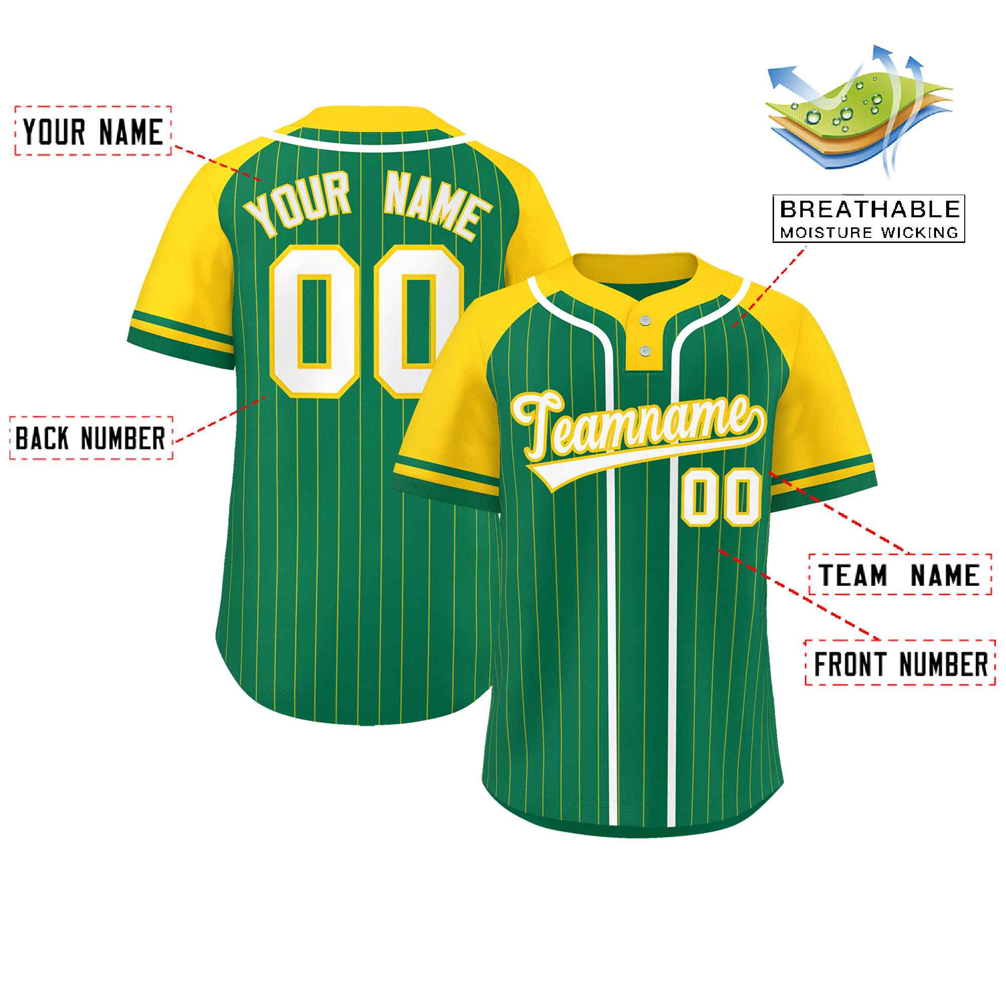 Custom Kelly Green Gold-White Stripe Fashion Raglan Sleeves Authentic Two-Button Softball Jersey