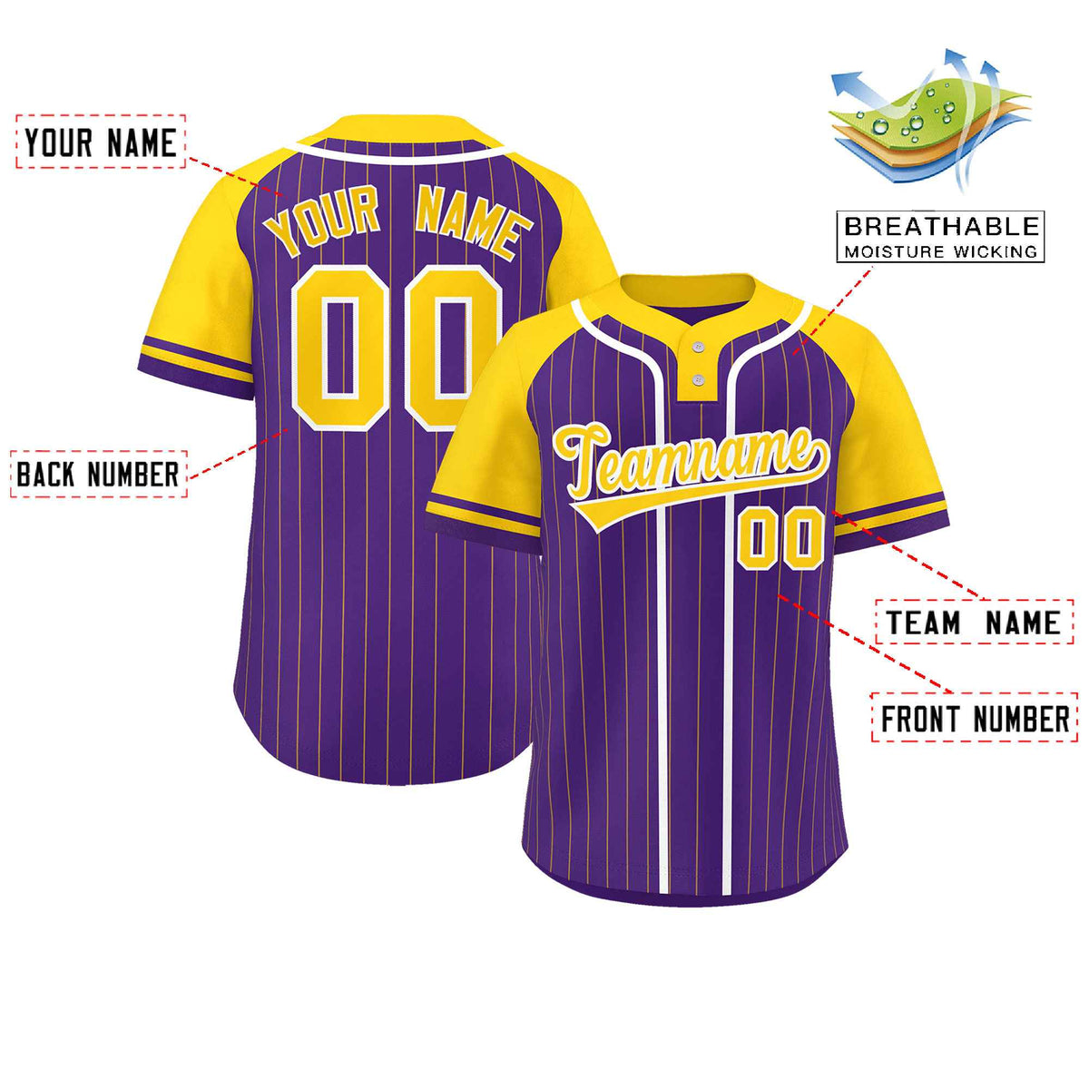 Custom Purple Gold-White Stripe Fashion Raglan Sleeves Authentic Two-Button Softball Jersey