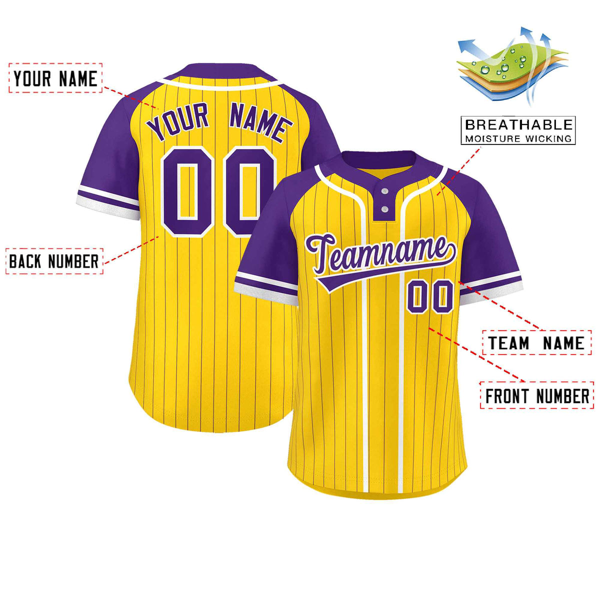Custom Gold Purple-White Stripe Fashion Raglan Sleeves Authentic Two-Button Softball Jersey