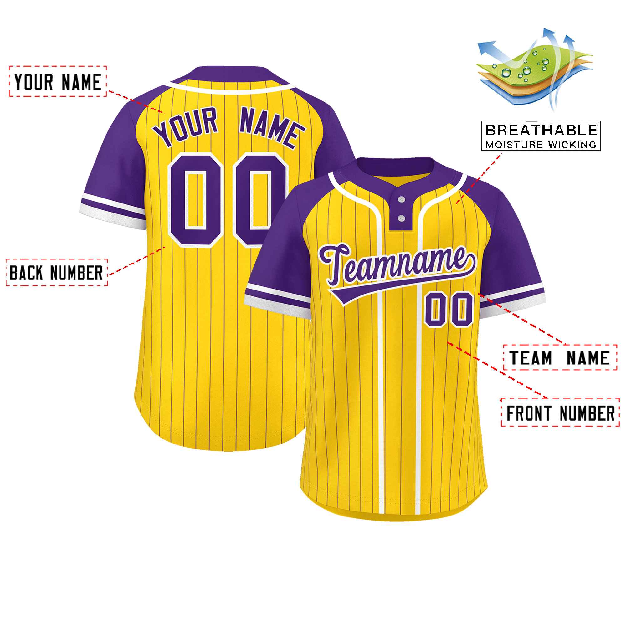 Custom Gold Purple-White Stripe Fashion Raglan Sleeves Authentic Two-Button Softball Jersey