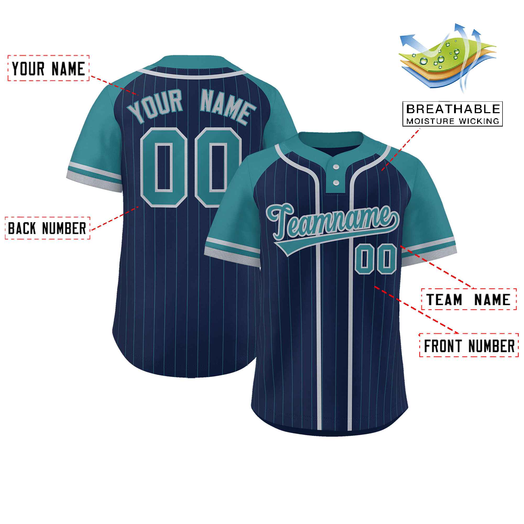 Custom Navy Aqua-Gray Stripe Fashion Raglan Sleeves Authentic Two-Button Softball Jersey