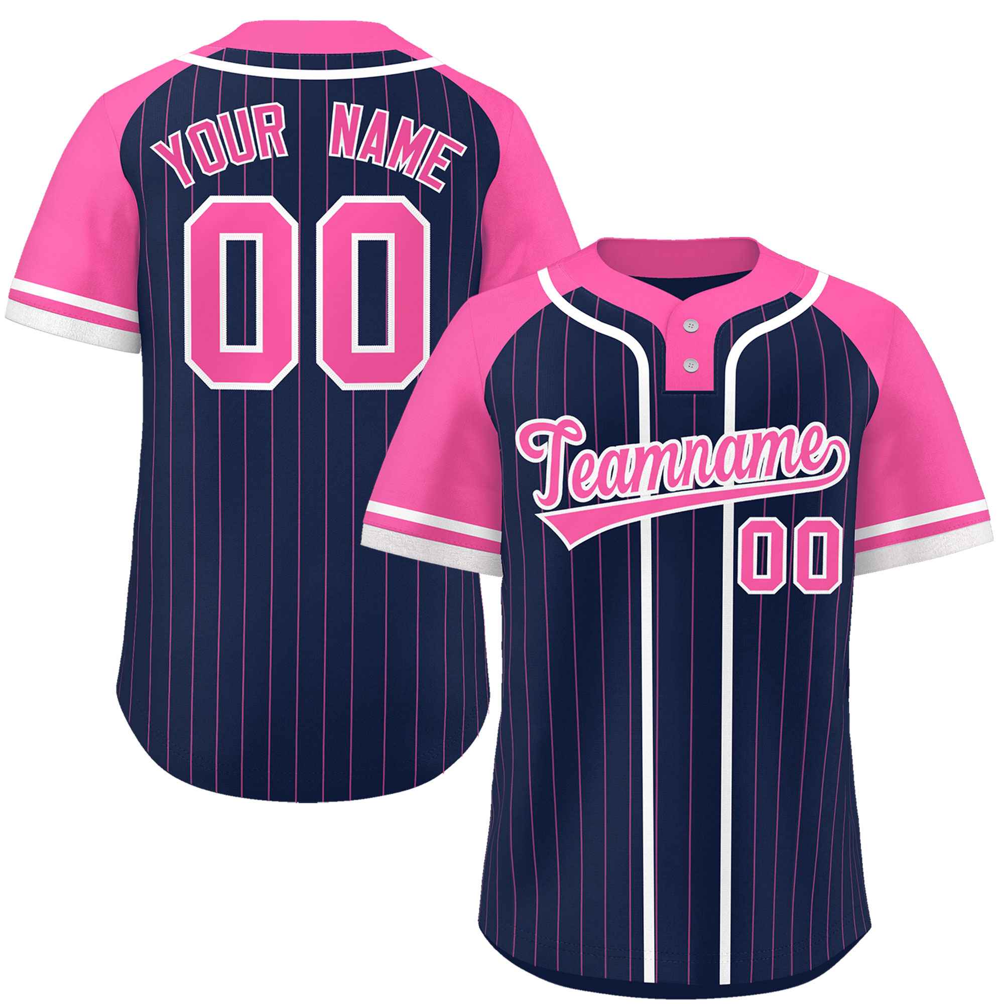 Custom Navy Pink-White Stripe Fashion Raglan Sleeves Authentic Two-Button Softball Jersey