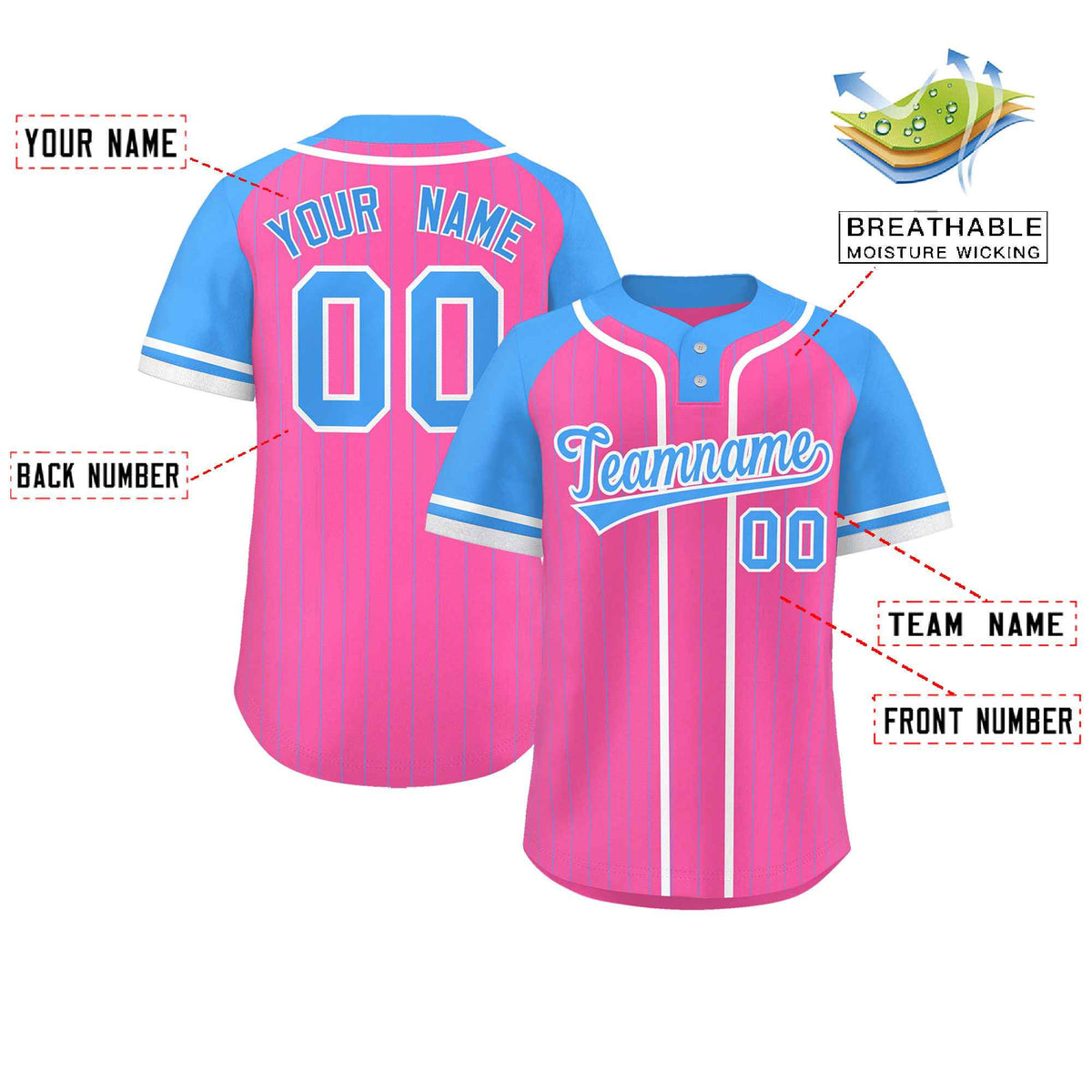 Custom Pink Powder Blue-White Stripe Fashion Raglan Sleeves Authentic Two-Button Softball Jersey