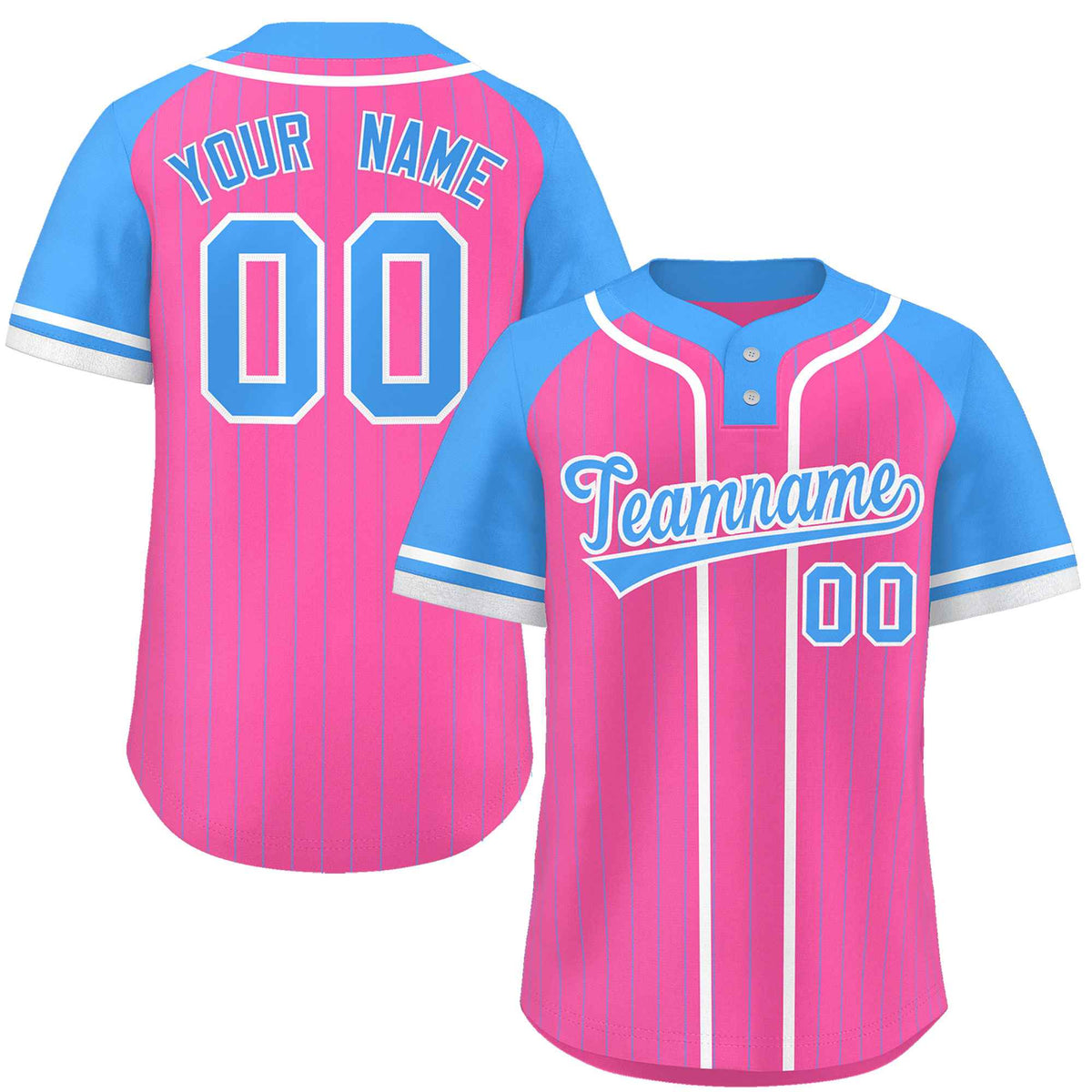 Custom Pink Powder Blue-White Stripe Fashion Raglan Sleeves Authentic Two-Button Softball Jersey