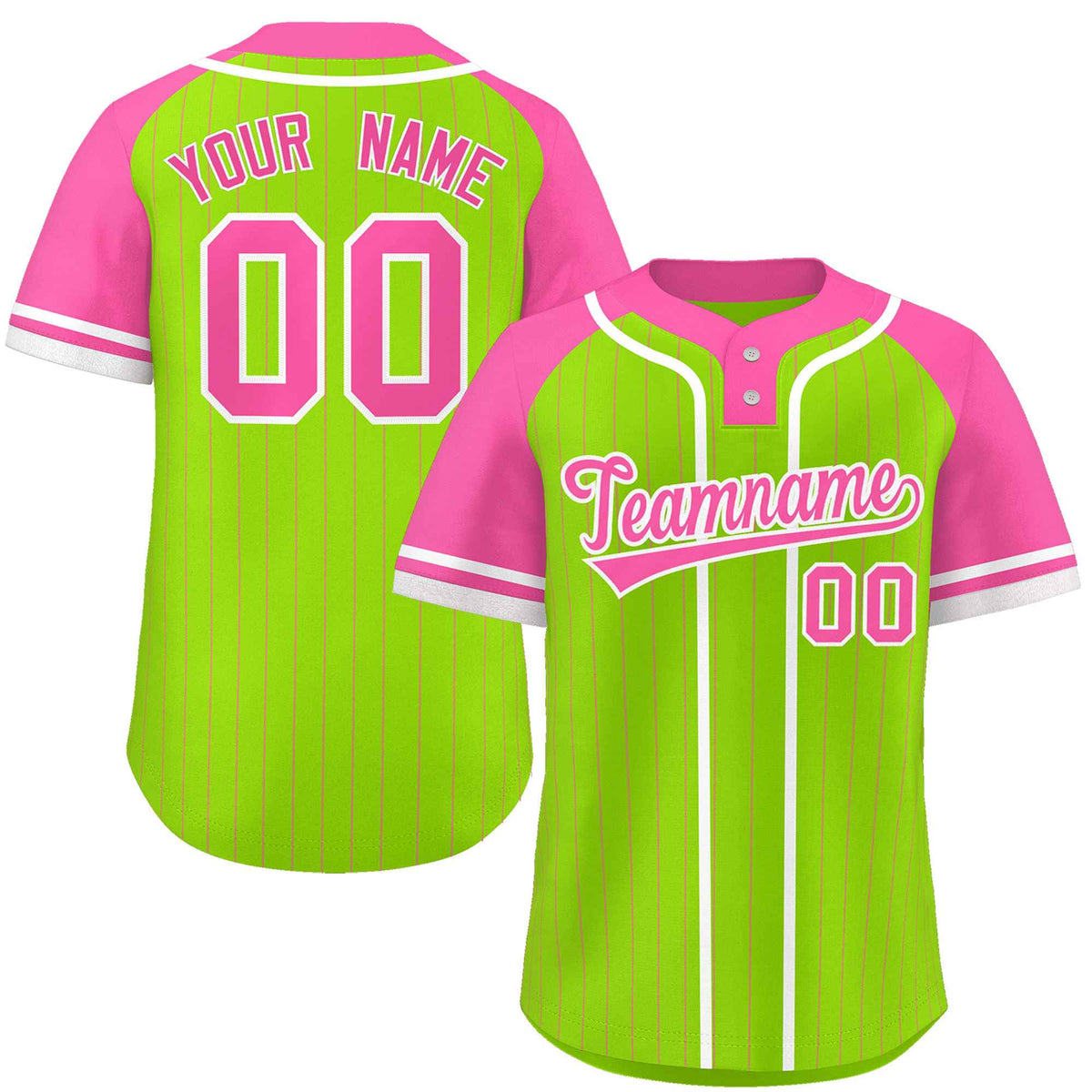 Custom Neon Green Pink-White Stripe Fashion Raglan Sleeves Authentic Two-Button Softball Jersey