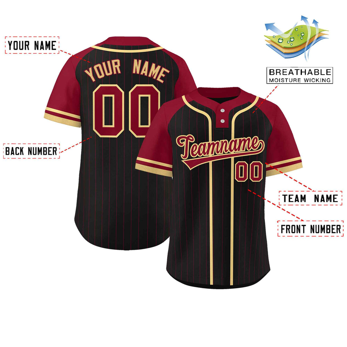 Custom Black Crimson-Khaki Stripe Fashion Raglan Sleeves Authentic Two-Button Softball Jersey