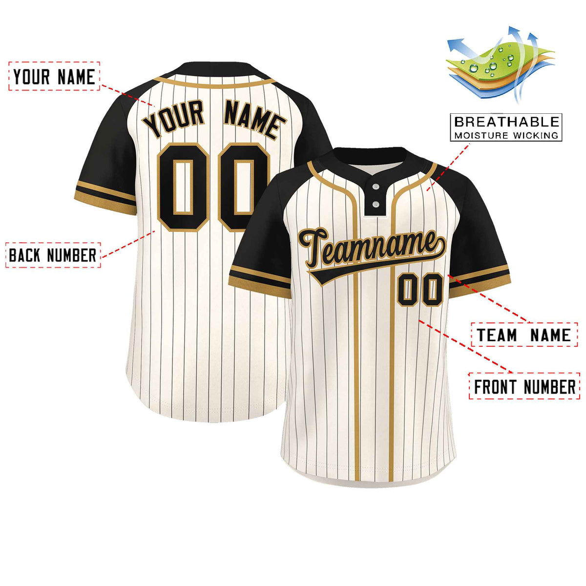 Custom Cream Black-Old Gold Stripe Fashion Raglan Sleeves Authentic Two-Button Softball Jersey