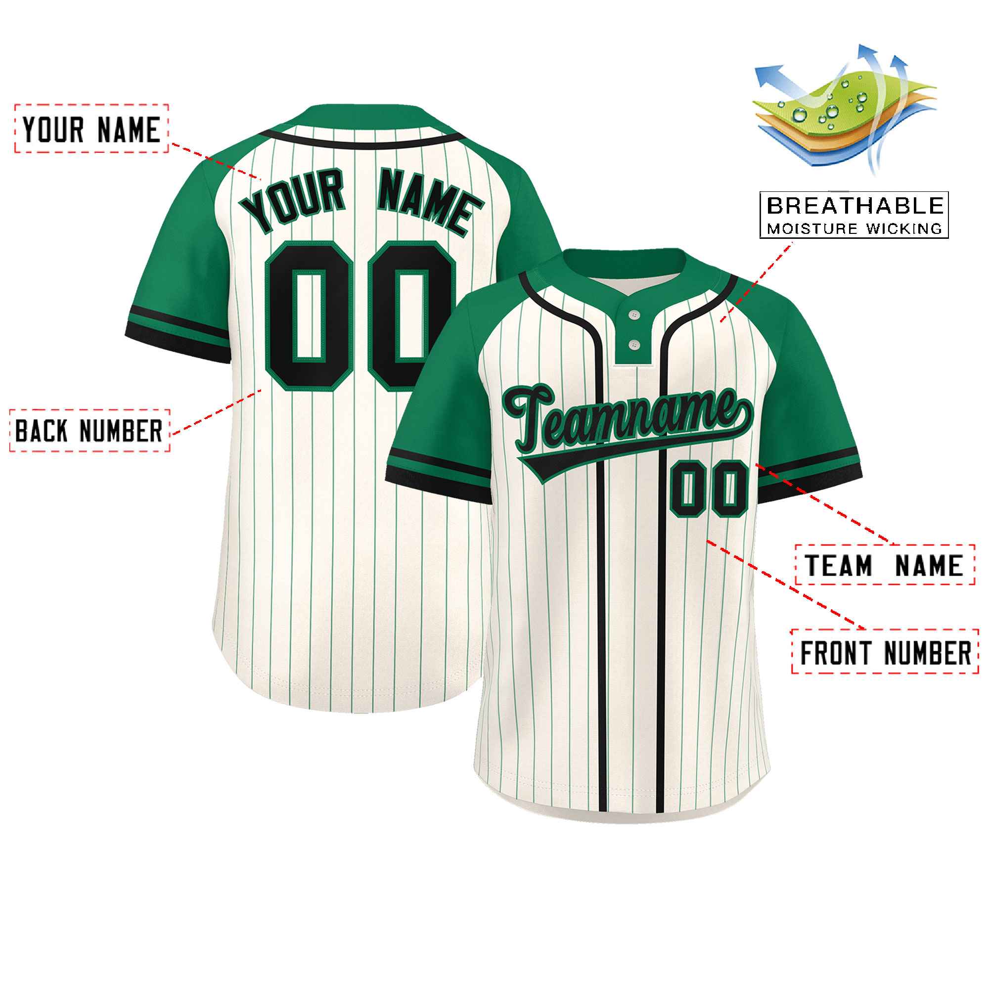 Custom Cream Kelly Green-Black Stripe Fashion Raglan Sleeves Authentic Two-Button Softball Jersey