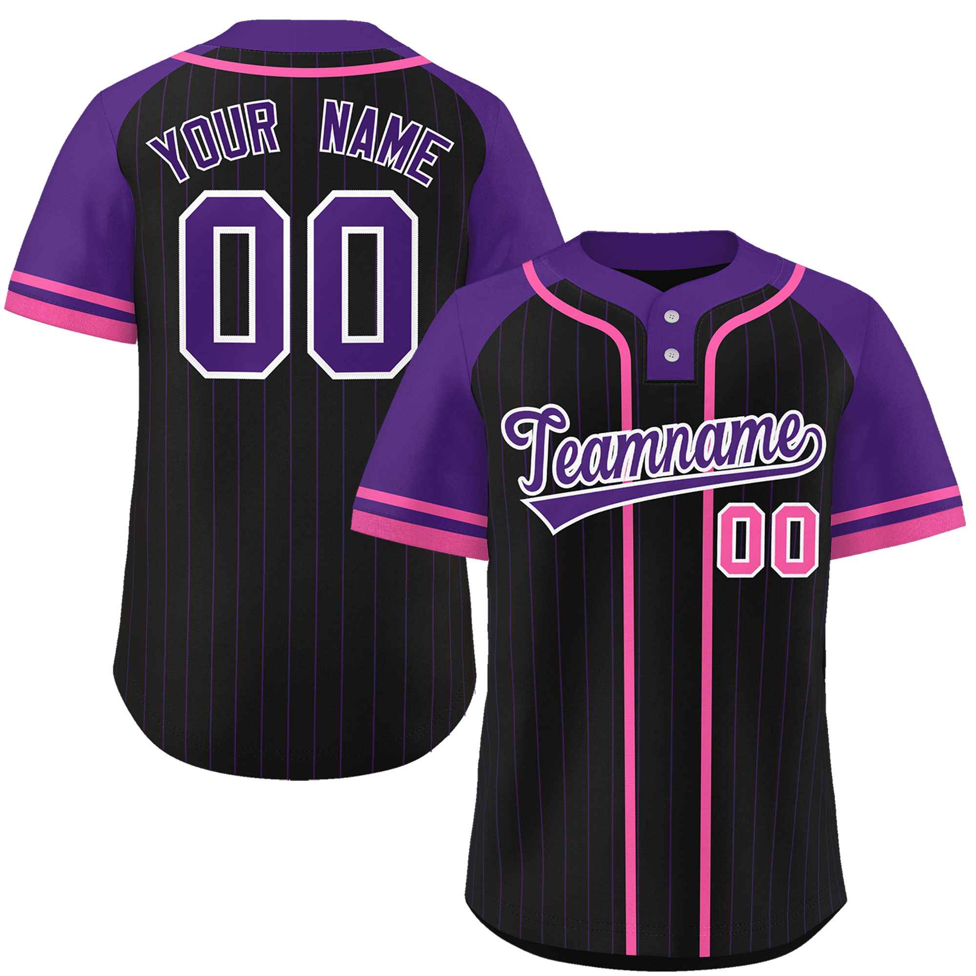 Custom Black Purple-Pink Stripe Fashion Raglan Sleeves Authentic Two-Button Softball Jersey