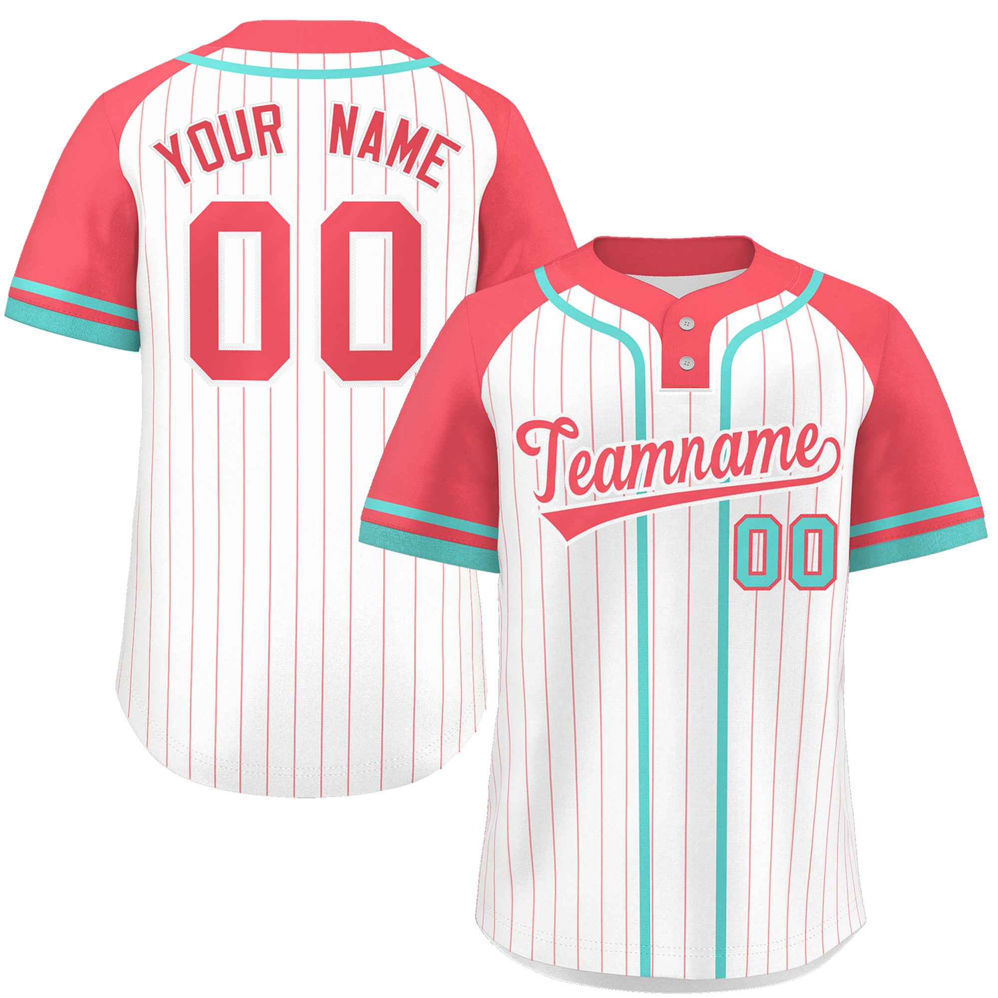 Custom White Light Red-Aqua Stripe Fashion Raglan Sleeves Authentic Two-Button Softball Jersey