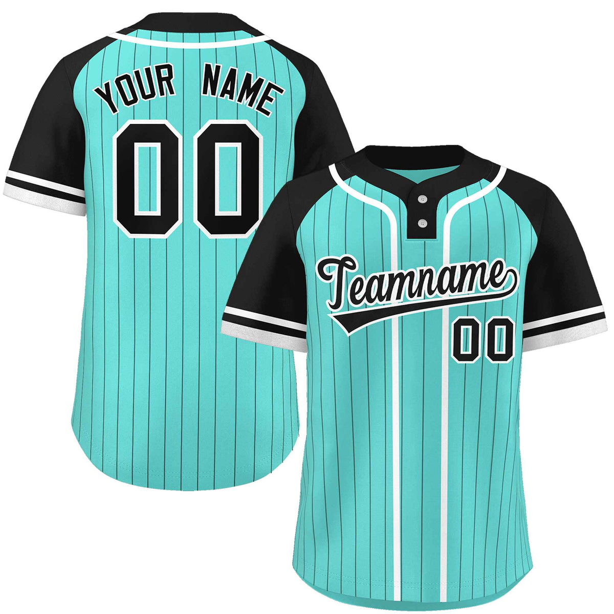 Custom Aqua Black-White Stripe Fashion Raglan Sleeves Authentic Two-Button Softball Jersey