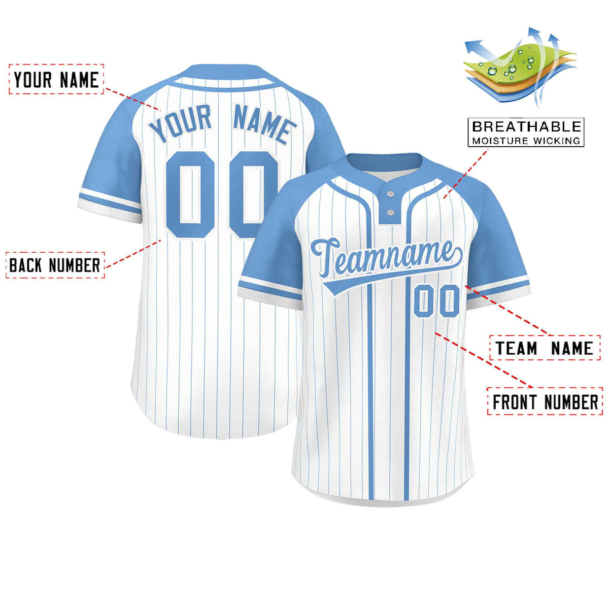 Custom White Light Blue Stripe Fashion Raglan Sleeves Authentic Two-Button Softball Jersey