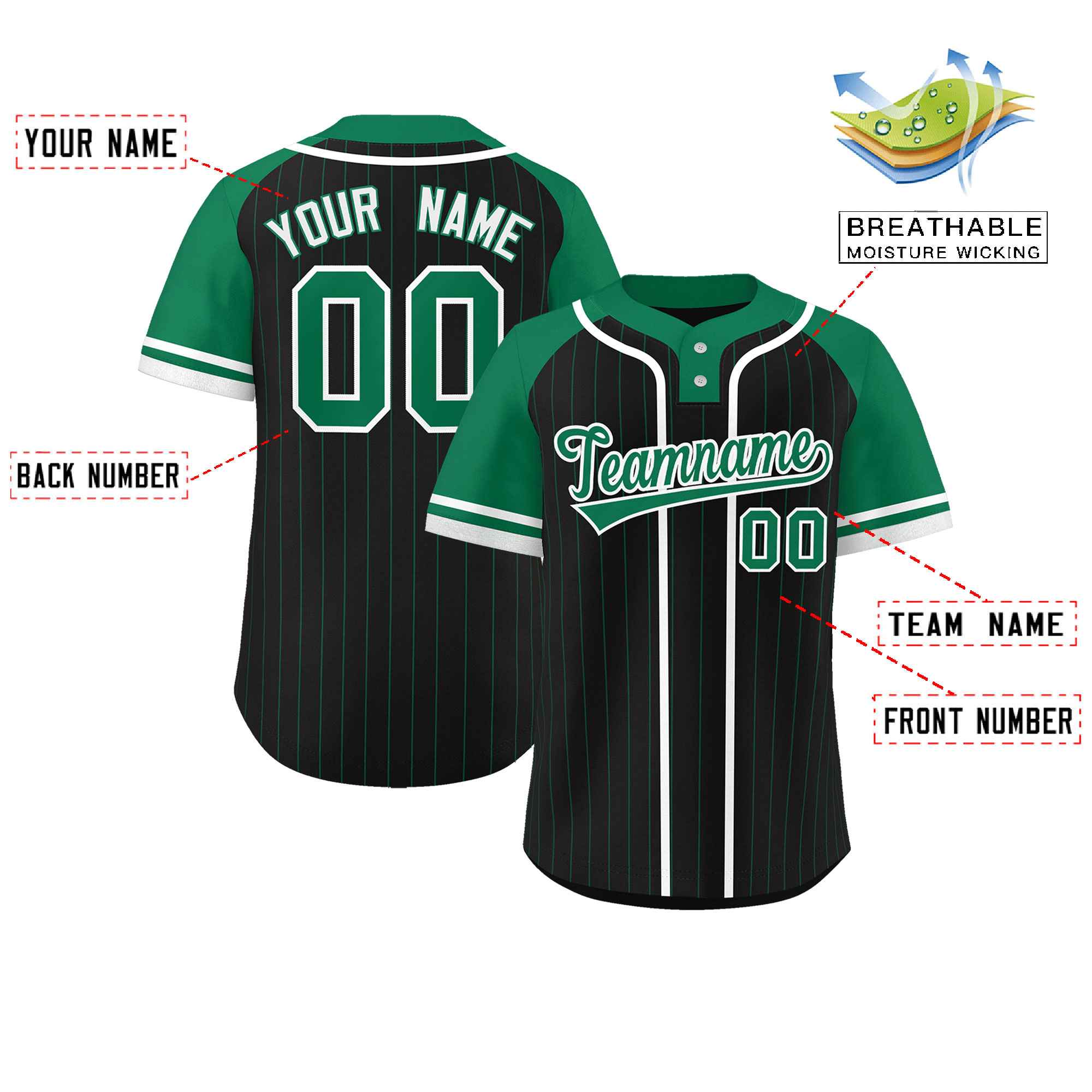 Custom Black Kelly Green-White Stripe Fashion Raglan Sleeves Authentic Two-Button Softball Jersey