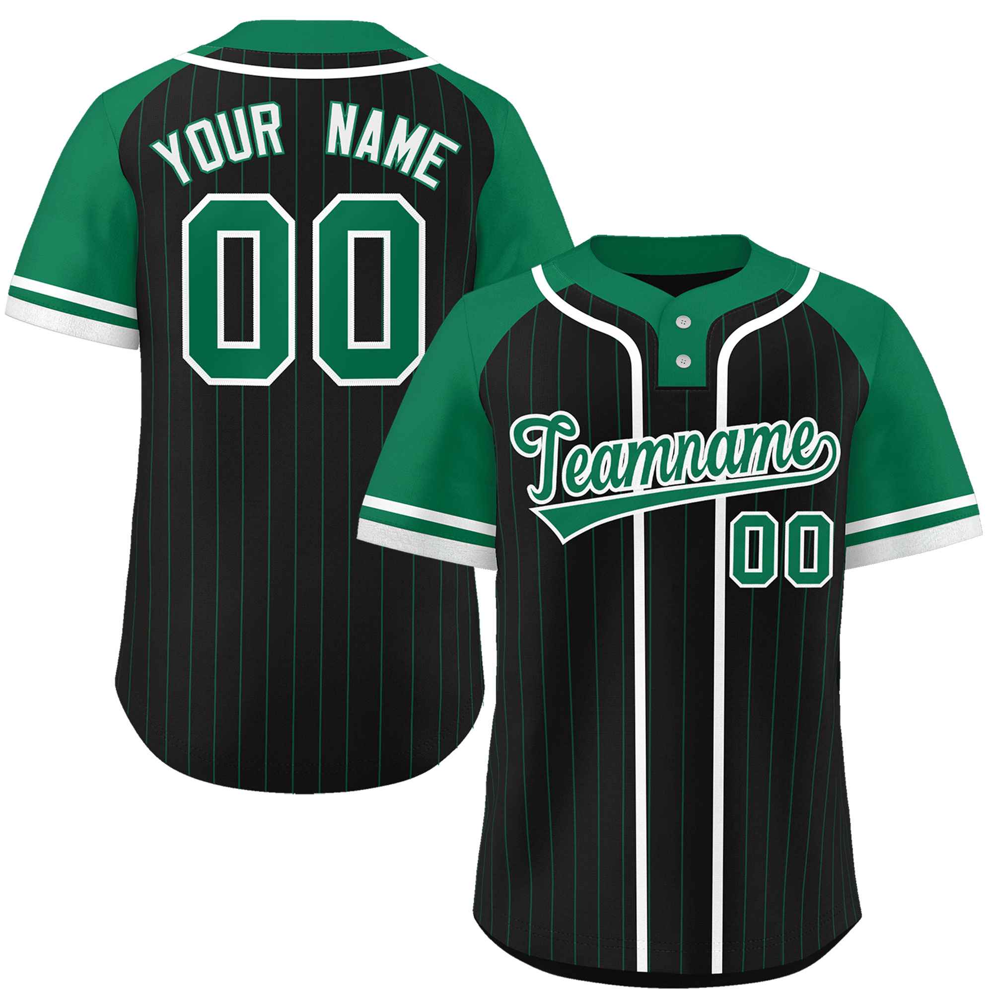 Custom Black Kelly Green-White Stripe Fashion Raglan Sleeves Authentic Two-Button Softball Jersey