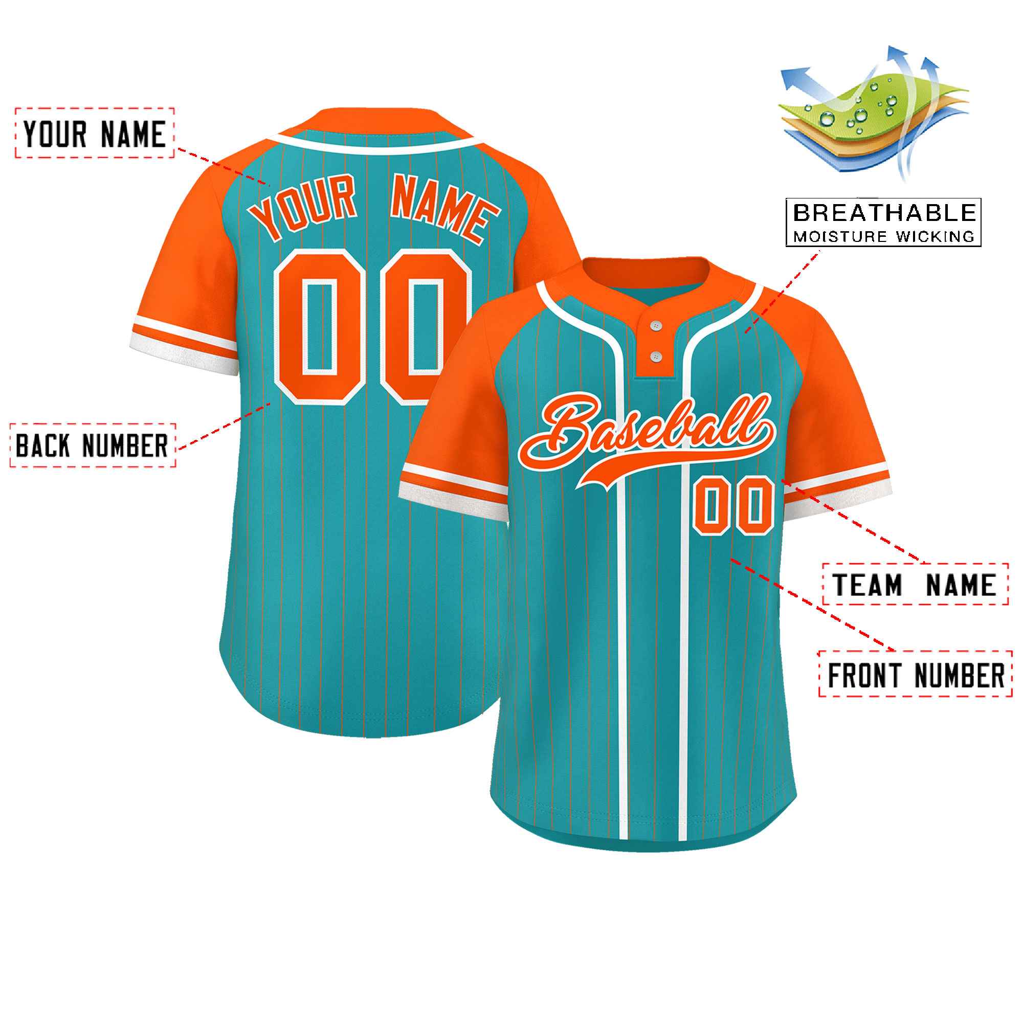 Custom Aqua Orange-White Stripe Fashion Raglan Sleeves Authentic Two-Button Softball Jersey